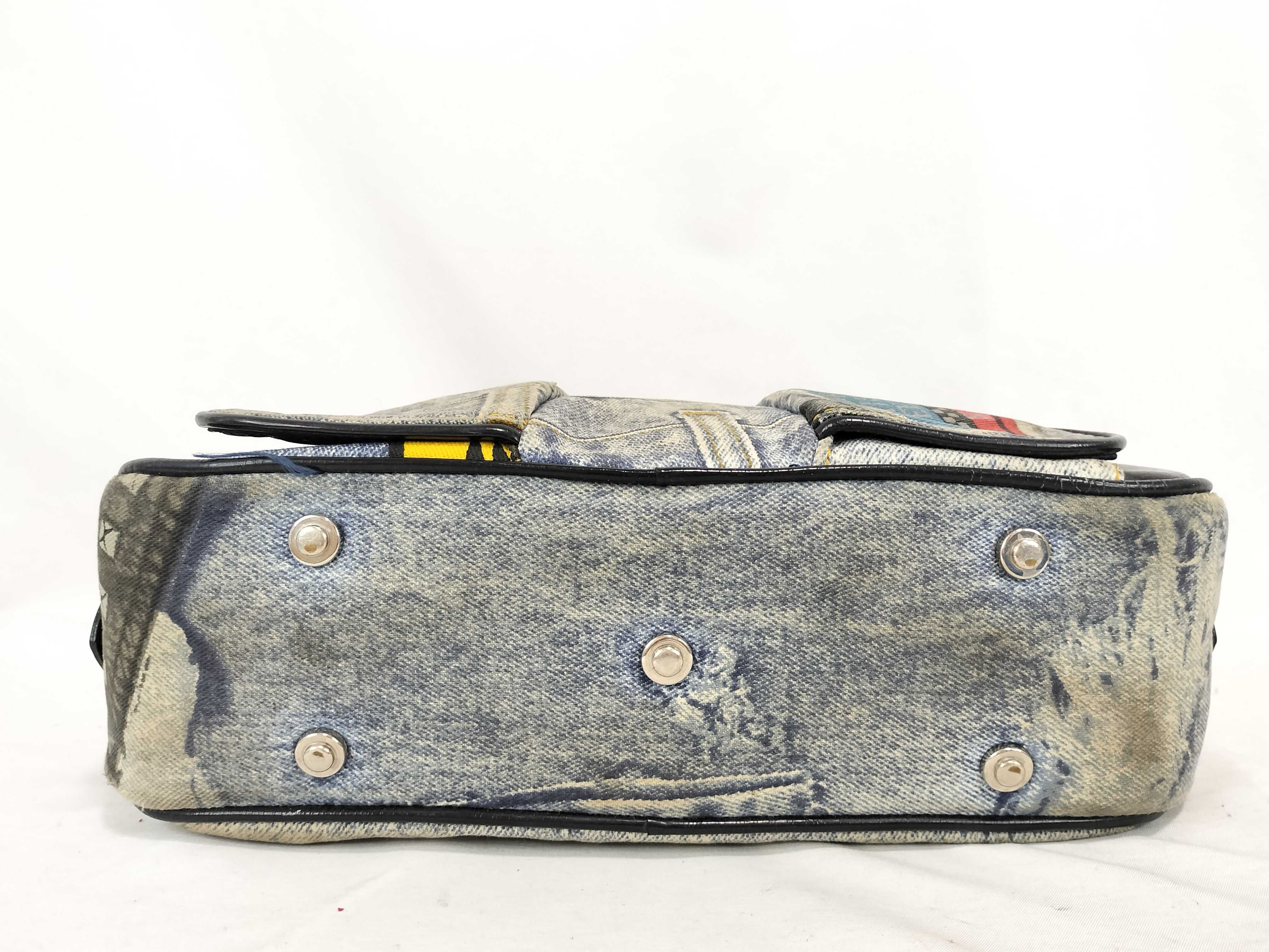FR-Christian Double Saddle Denim × Patent Leather Handbag Blue — view 8