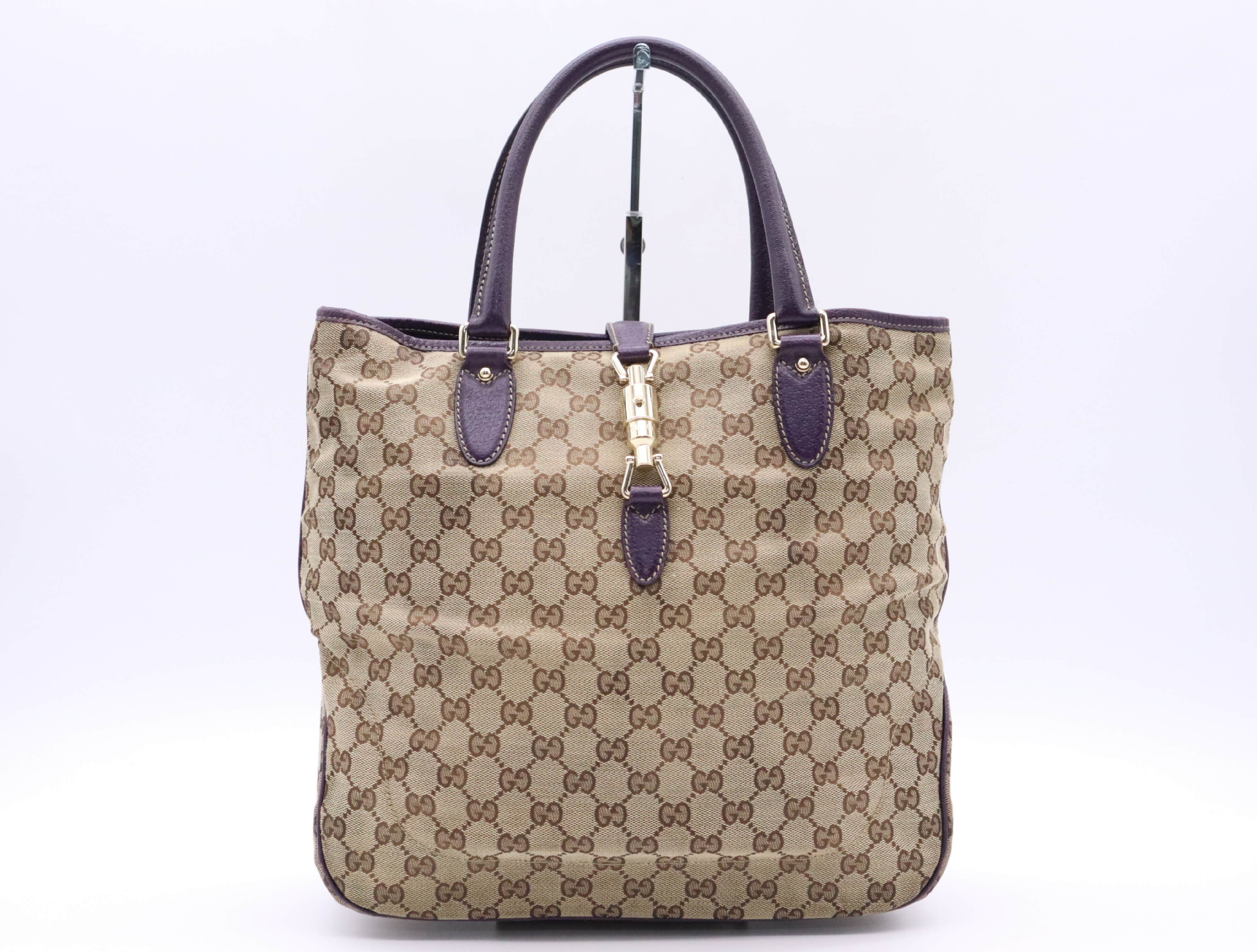 145818GG Canvas New Jackie Tote Bag Beige Purple Gold Hardware Tote Bag