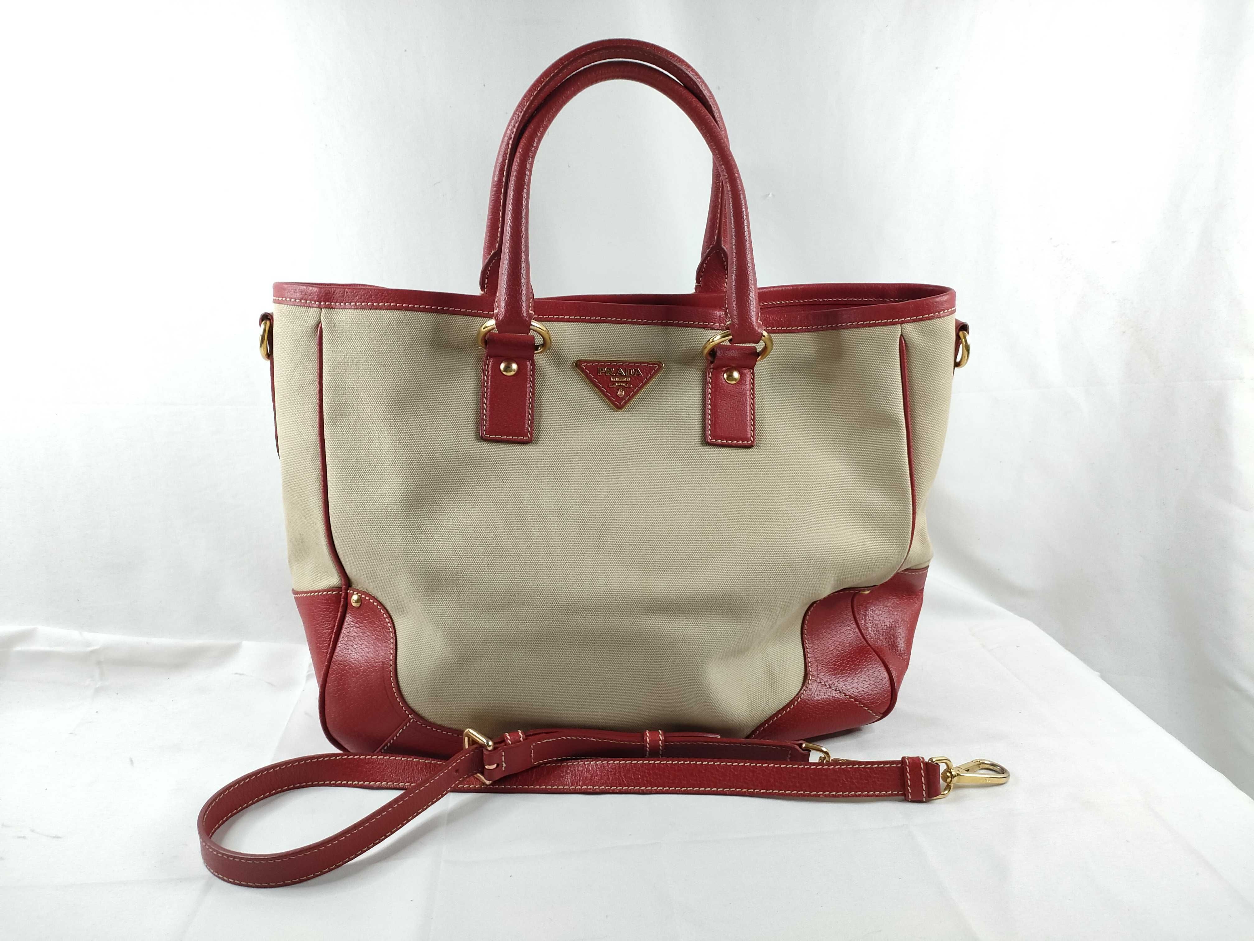 Saffiano Leather-Trimmed Canvas Canapa Satchel Tote Shoulder Bag 2-Way Red BN2129 Tote Bag