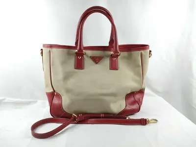 Saffiano Leather-Trimmed Canvas Canapa Satchel Tote Shoulder Bag 2-Way Red BN2129 Tote Bag