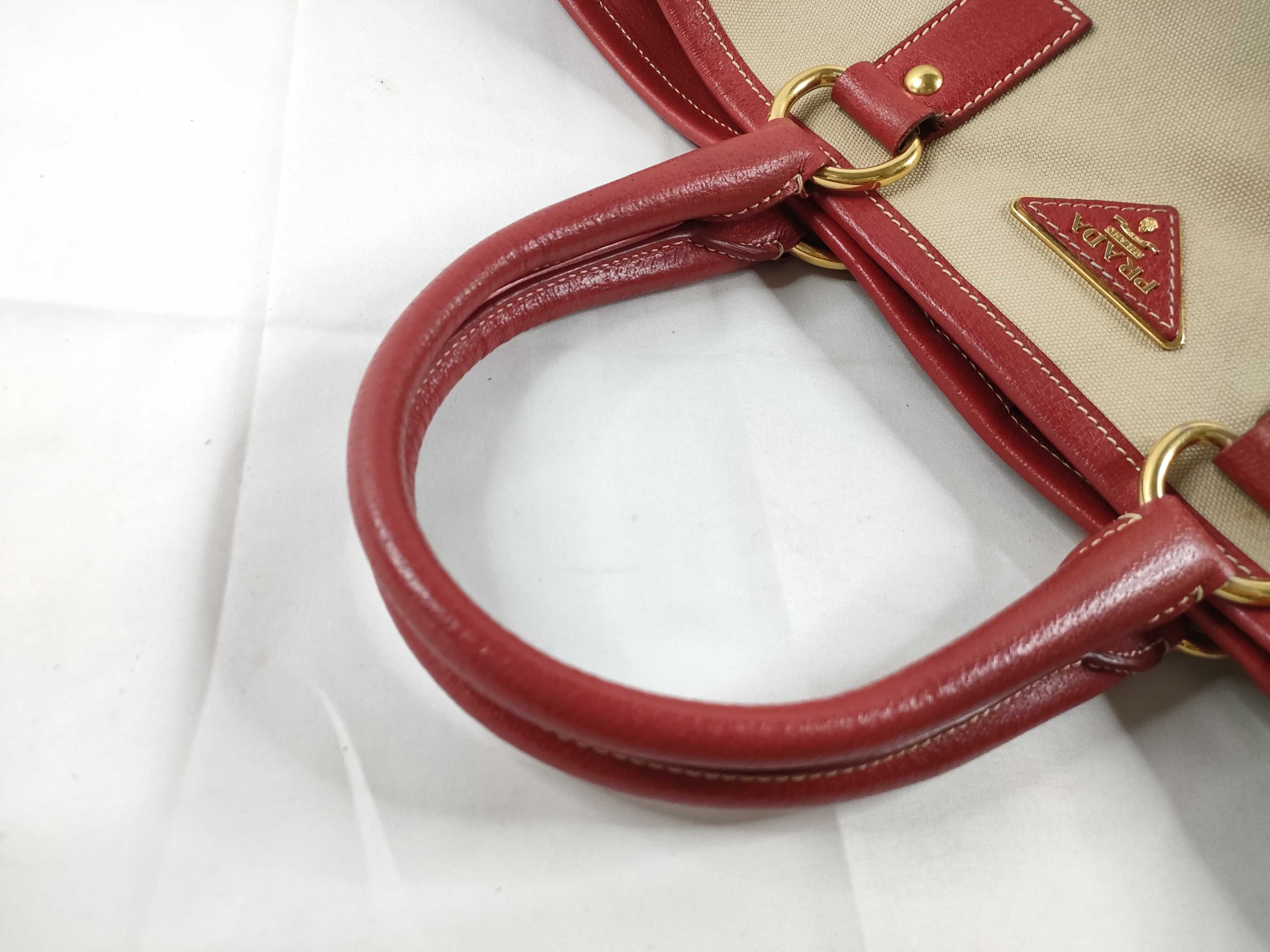 Saffiano Leather-Trimmed Canvas Canapa Satchel Tote Shoulder Bag 2-Way Red BN2129 Tote Bag — view 6