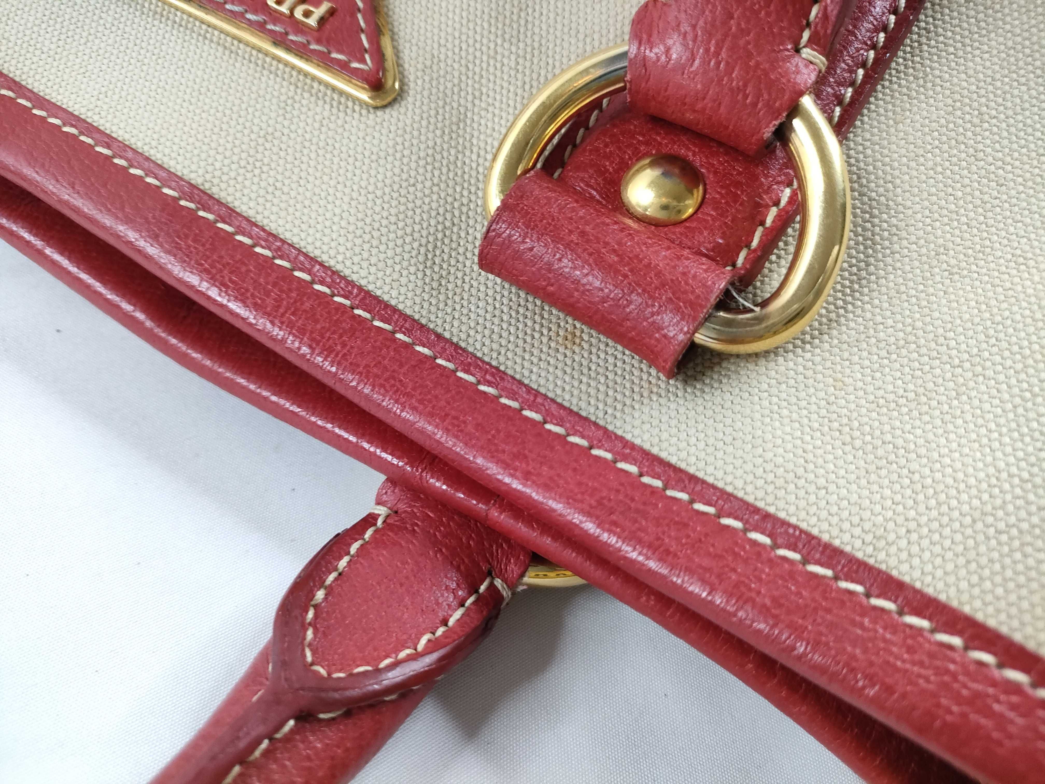 Saffiano Leather-Trimmed Canvas Canapa Satchel Tote Shoulder Bag 2-Way Red BN2129 Tote Bag — view 9
