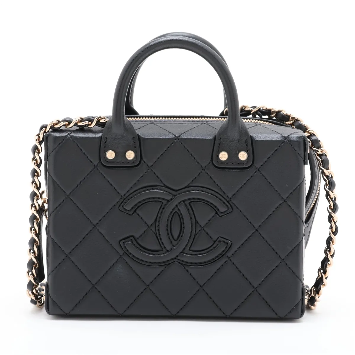 Matelassé Lambskin 2-Way Shoulder Bag, Black with Gold Hardware, NANXL0G5, Random Plate