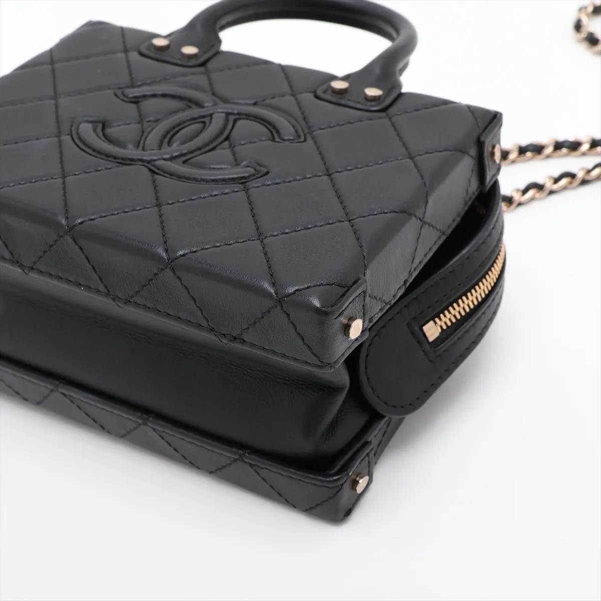 Matelassé Lambskin 2-Way Shoulder Bag, Black with Gold Hardware, NANXL0G5, Random Plate — view 3