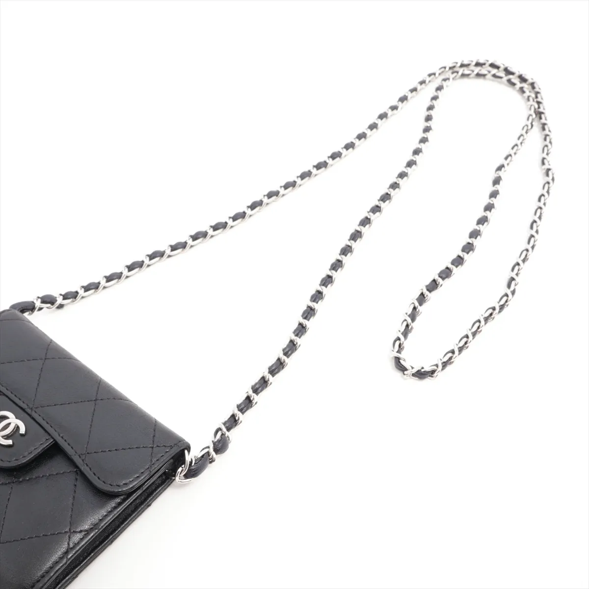 Matelasse Lambskin Chain Wallet Black Silver Hardware 14281416 — view 7