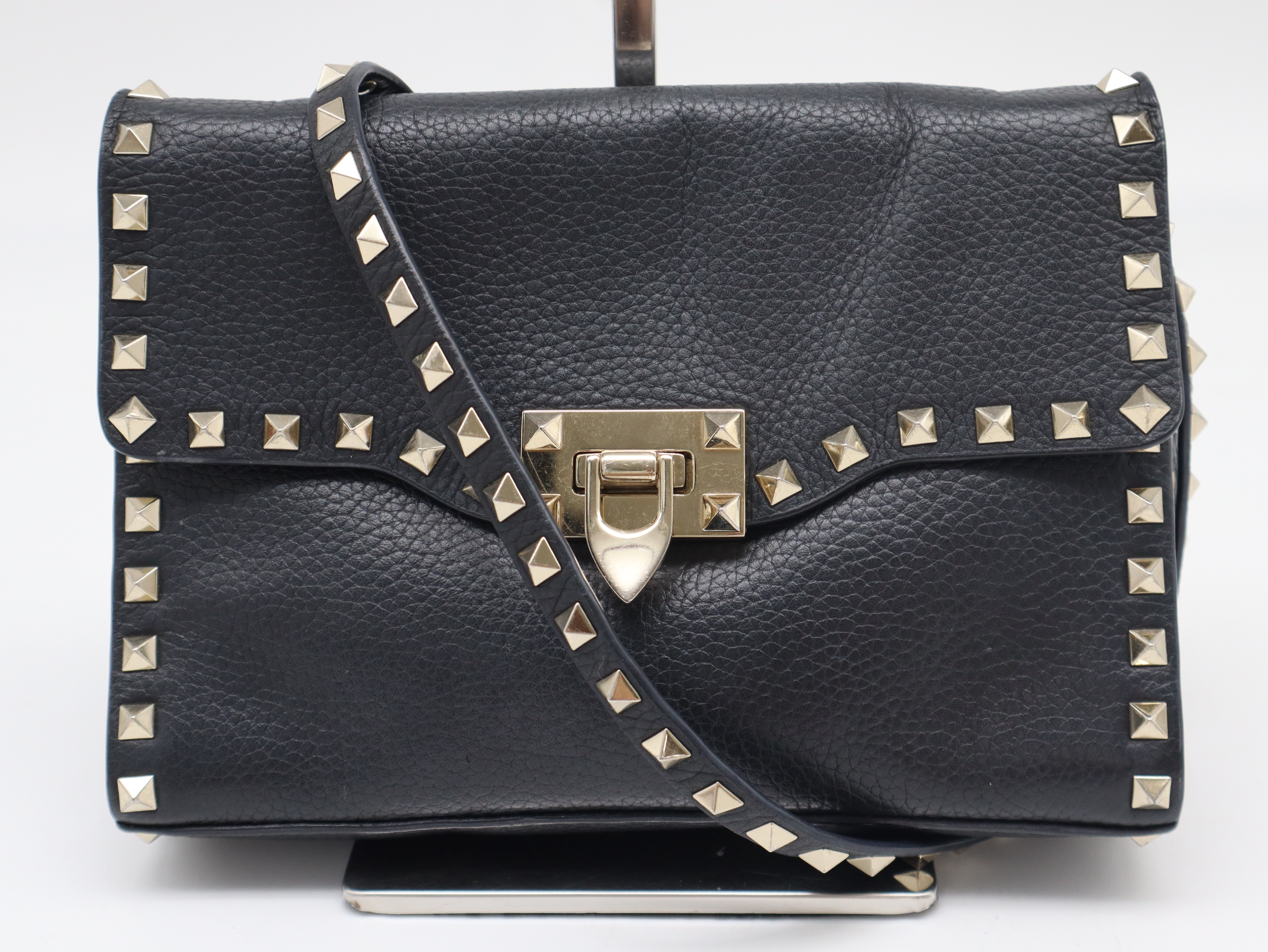 Leather Rockstud Shoulder Bag, Black