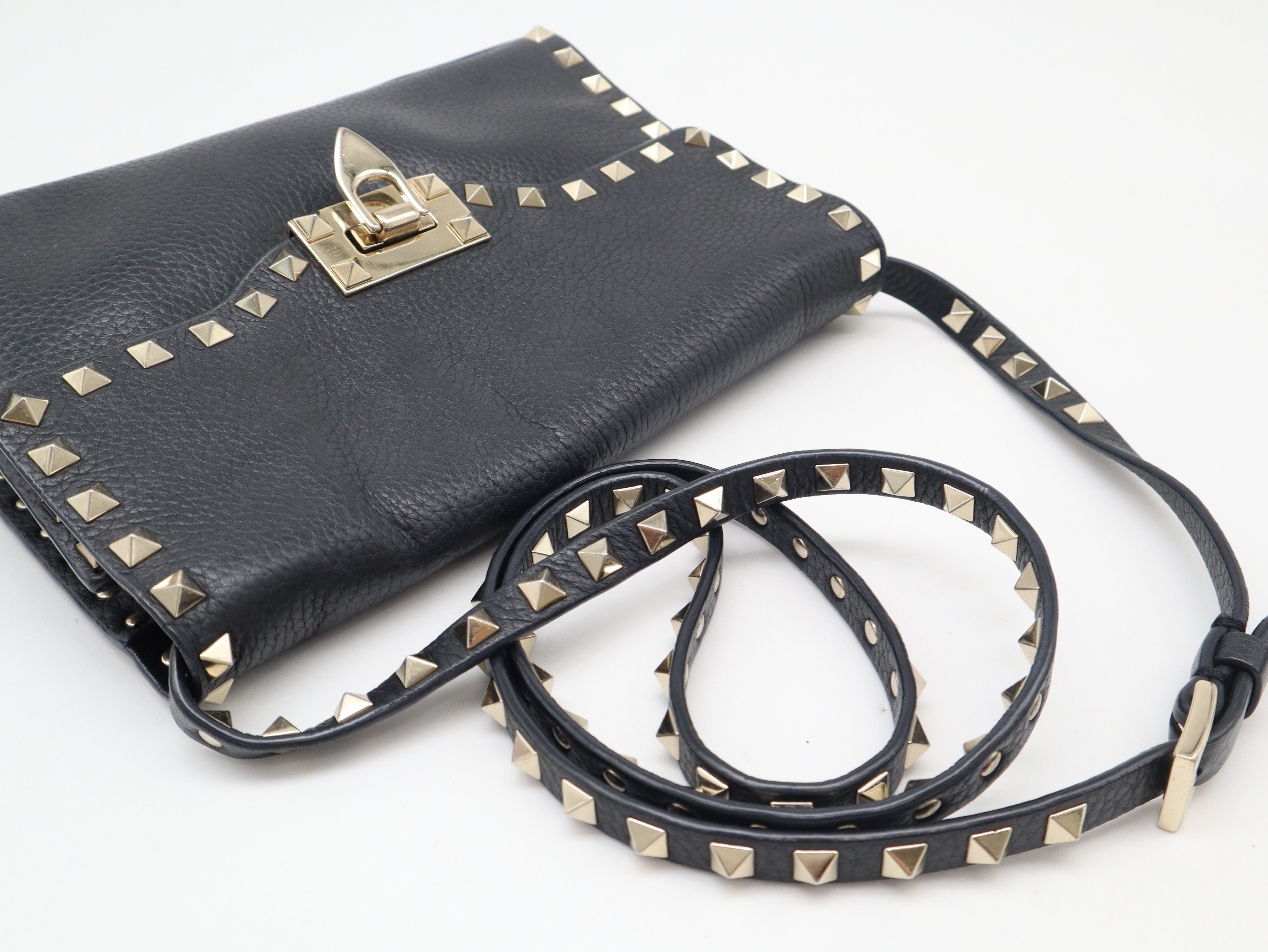 Leather Rockstud Shoulder Bag, Black — view 6