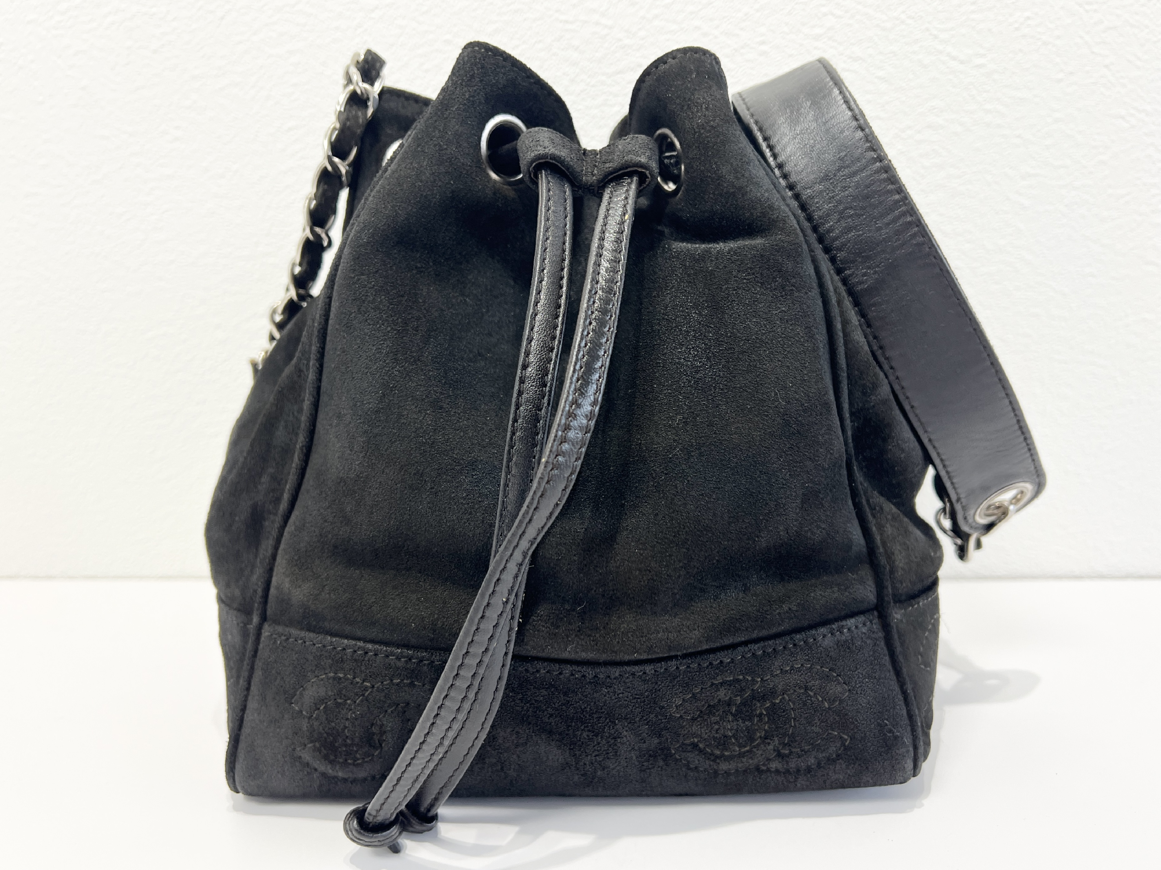 Coco Mark Suede Leather Drawstring Bucket Shoulder Bag
