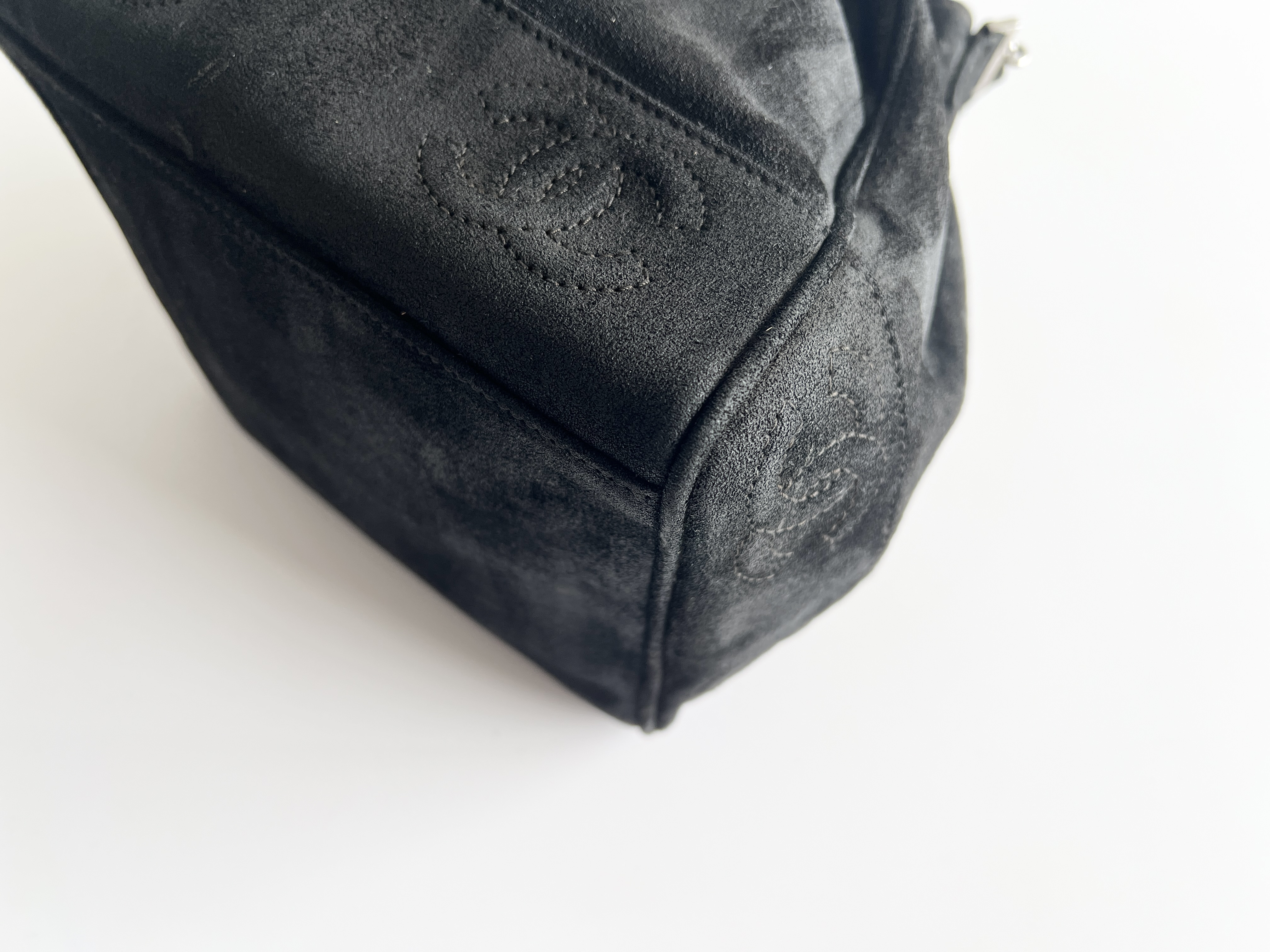 Coco Mark Suede Leather Drawstring Bucket Shoulder Bag — view 11