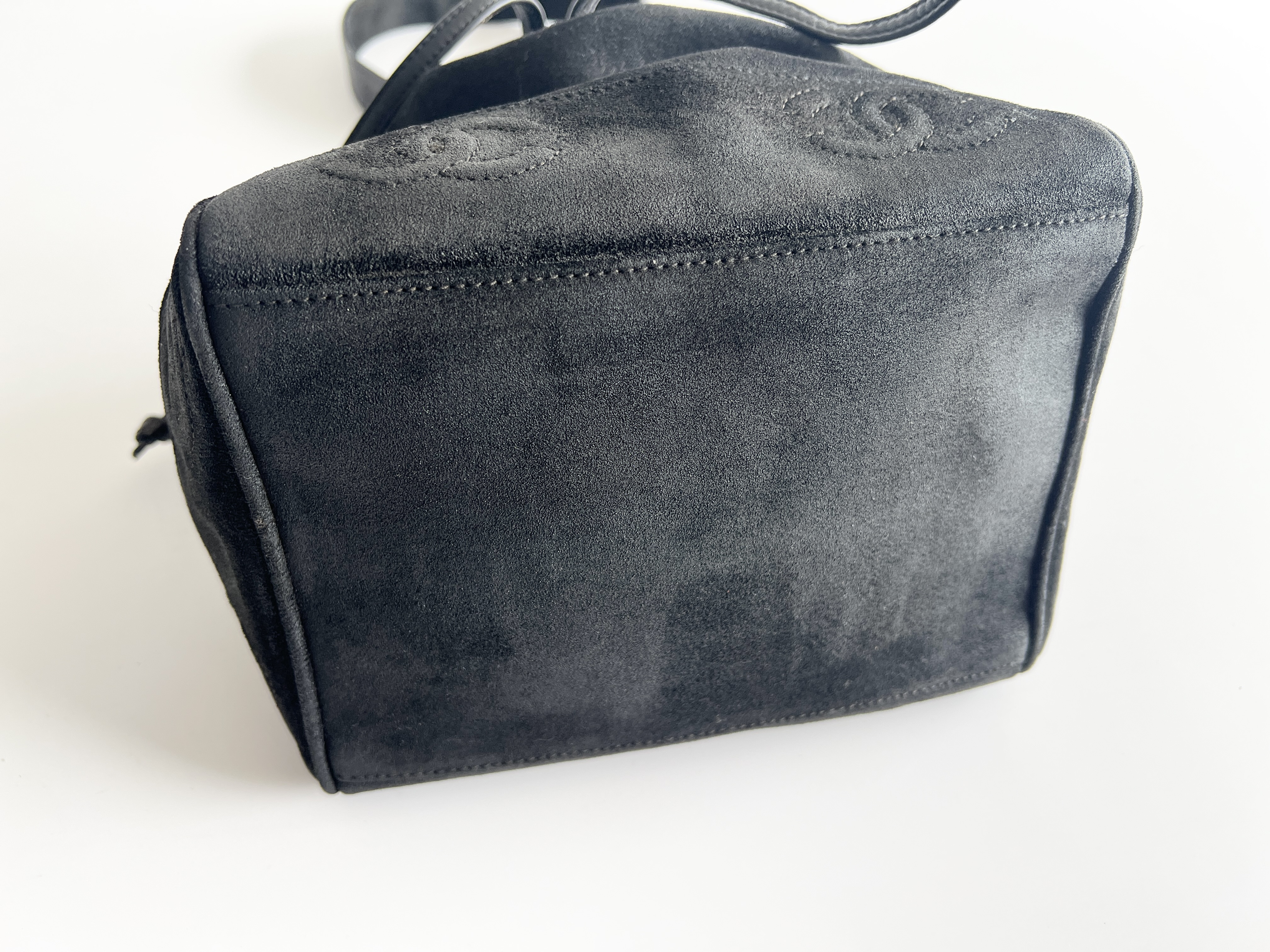 Coco Mark Suede Leather Drawstring Bucket Shoulder Bag — view 12