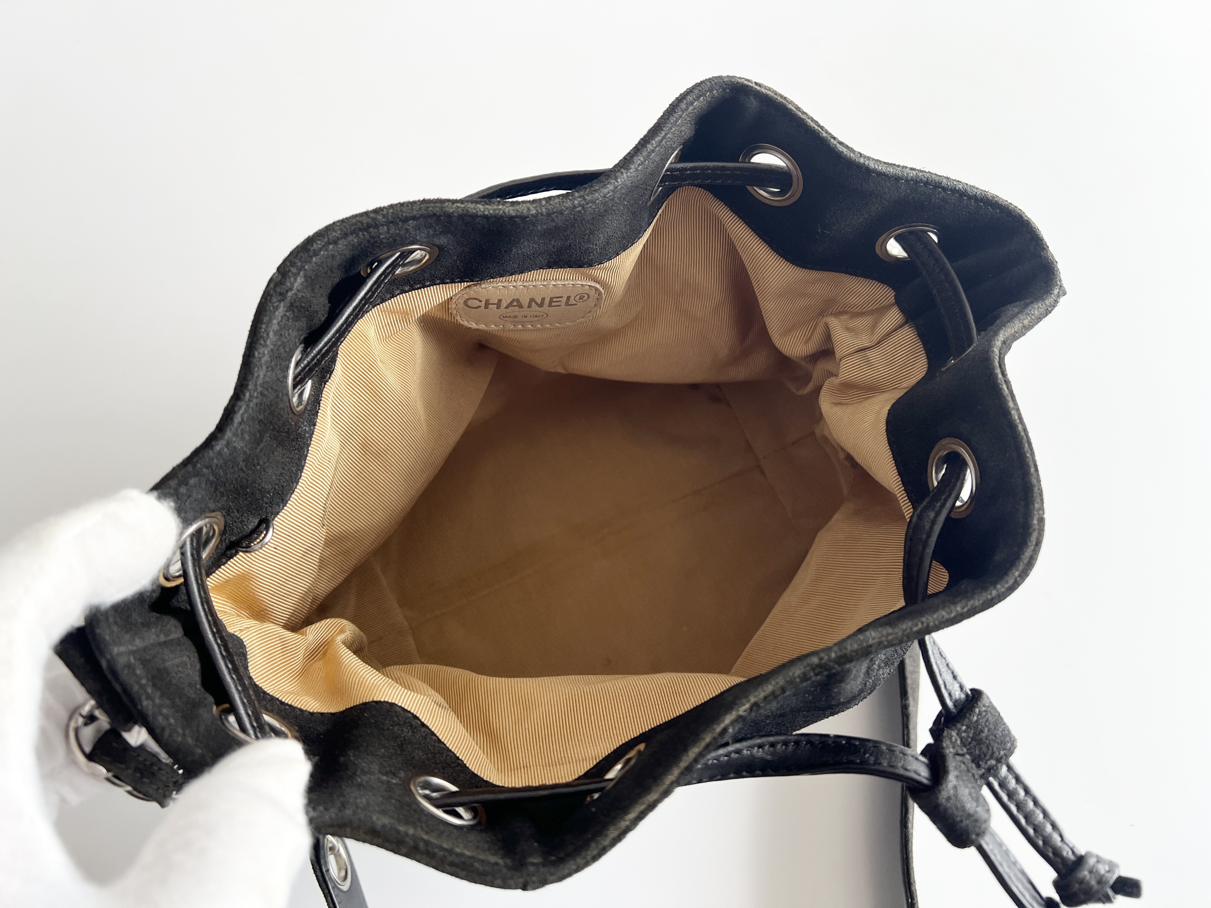 Coco Mark Suede Leather Drawstring Bucket Shoulder Bag — view 4