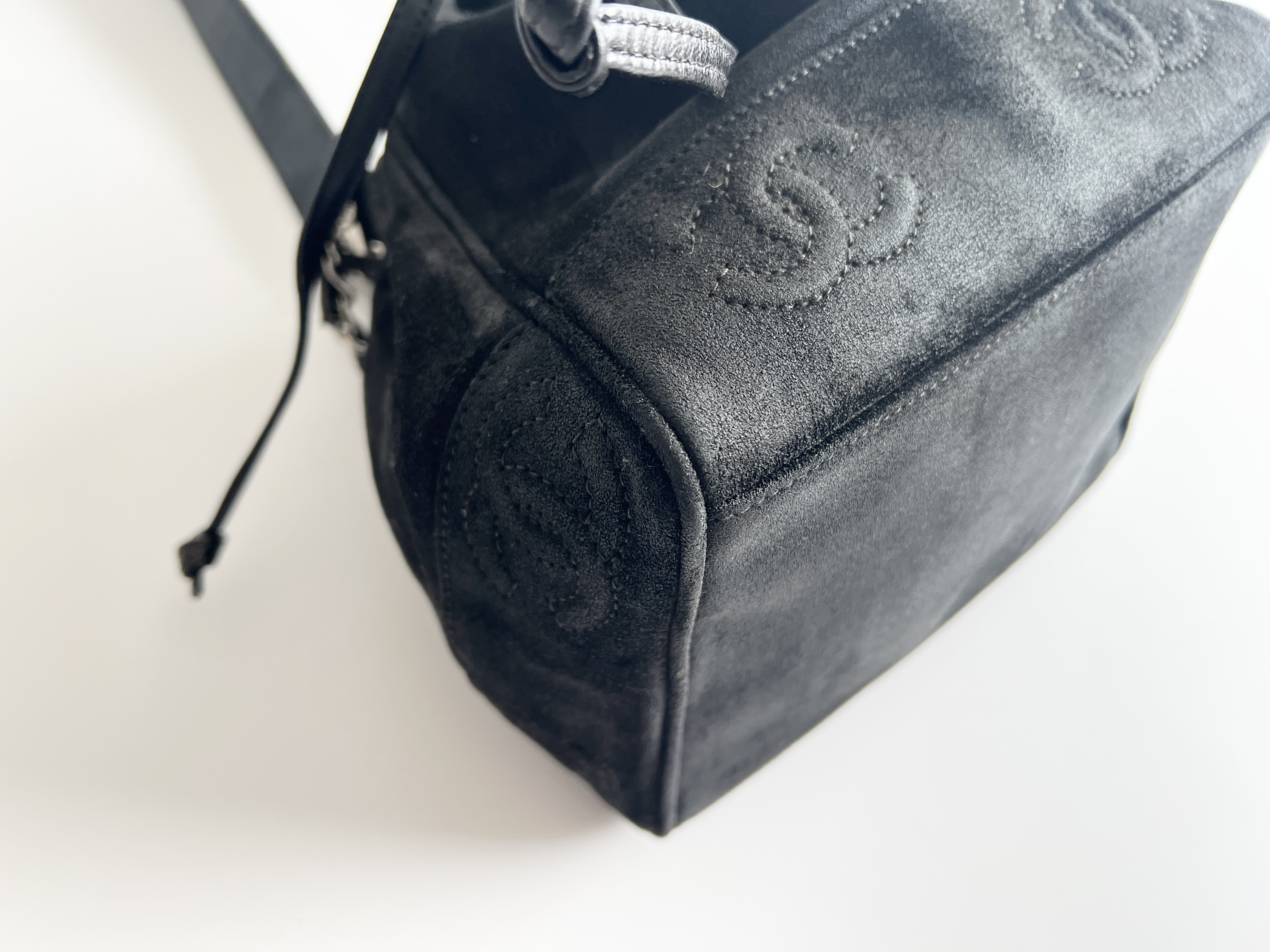 Coco Mark Suede Leather Drawstring Bucket Shoulder Bag — view 8