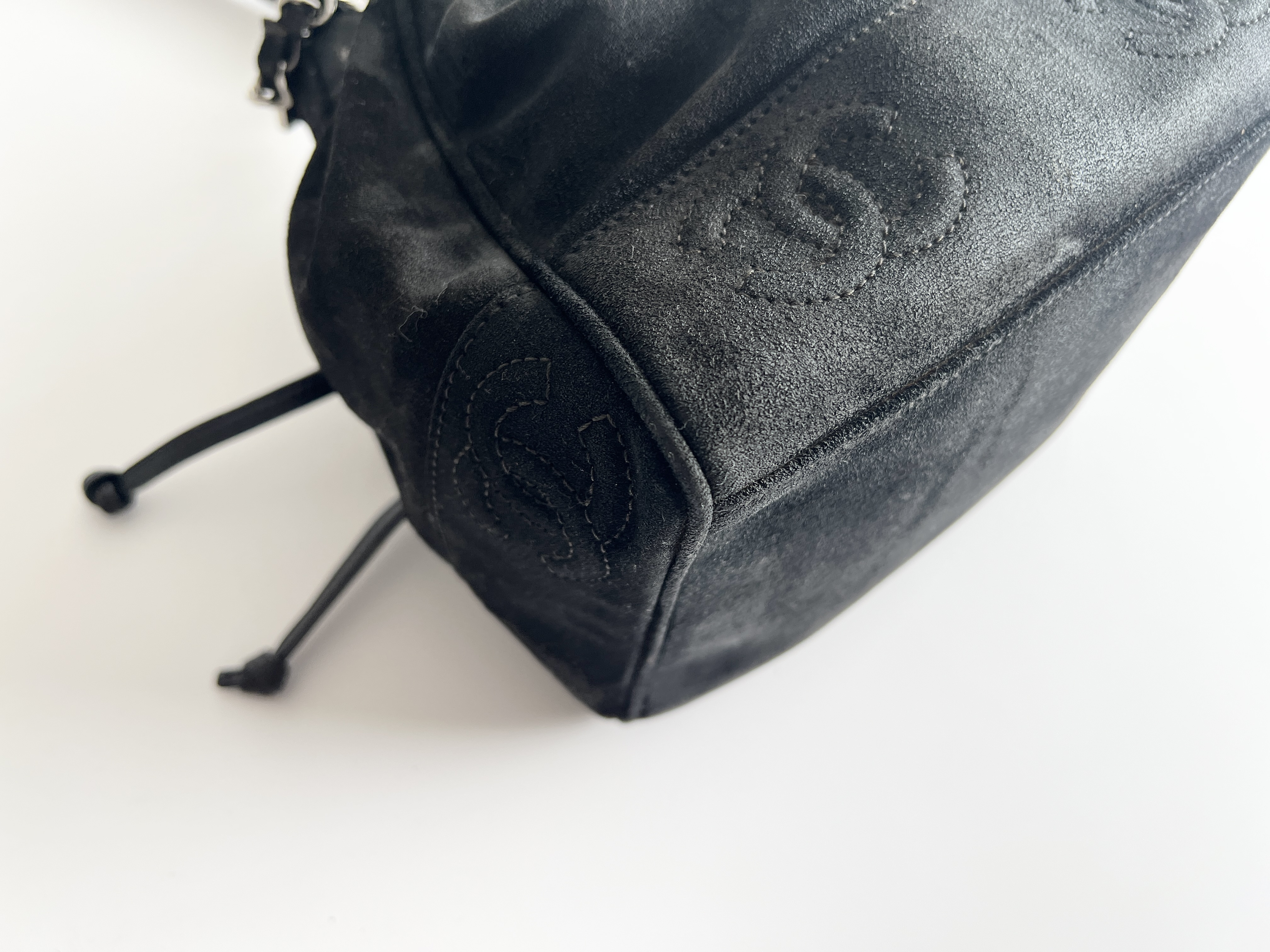 Coco Mark Suede Leather Drawstring Bucket Shoulder Bag — view 10