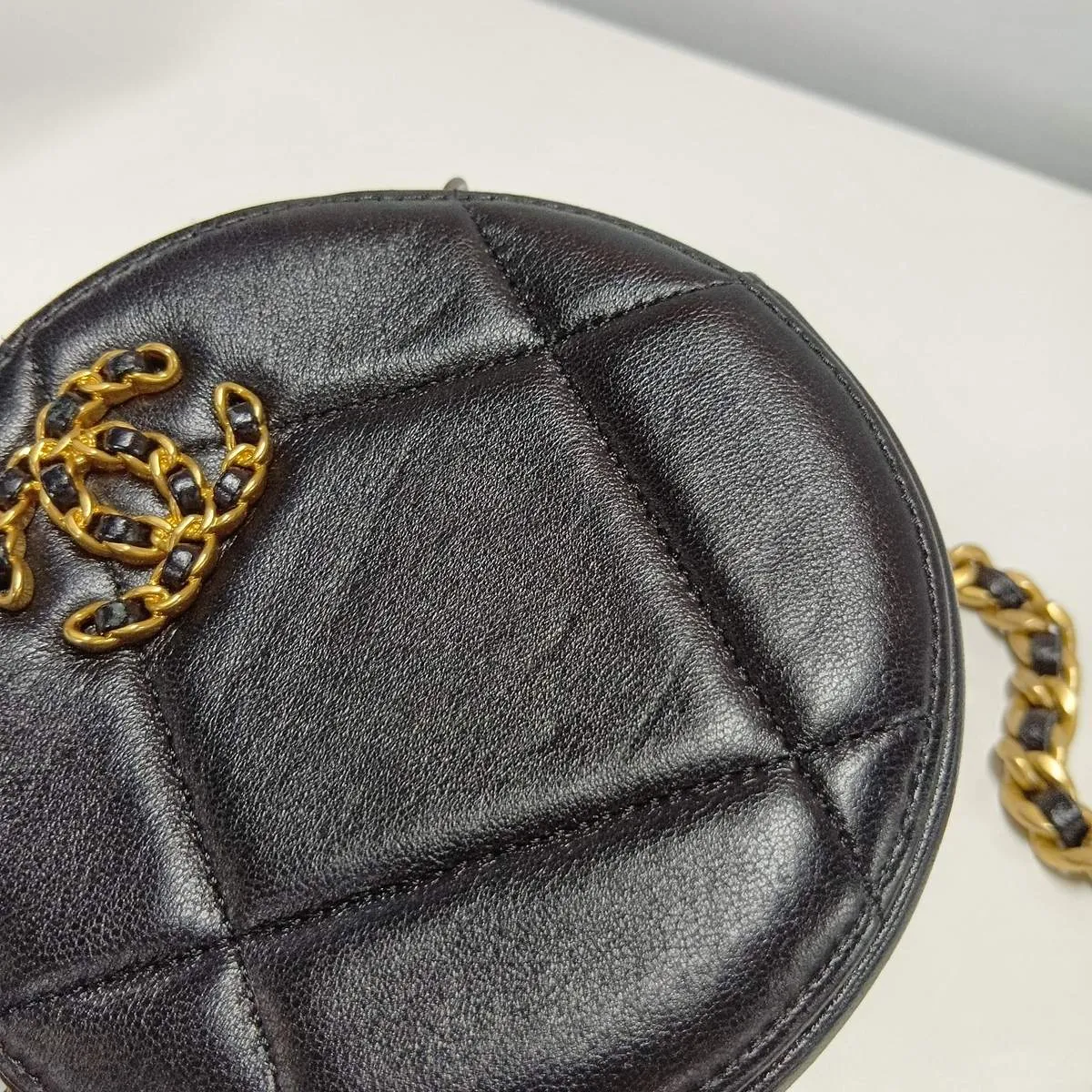 Matelassé Lambskin Chain Shoulder Bag, Round, Black with Gold and Silver Hardware, 31112646, Serial Number 31 — view 11