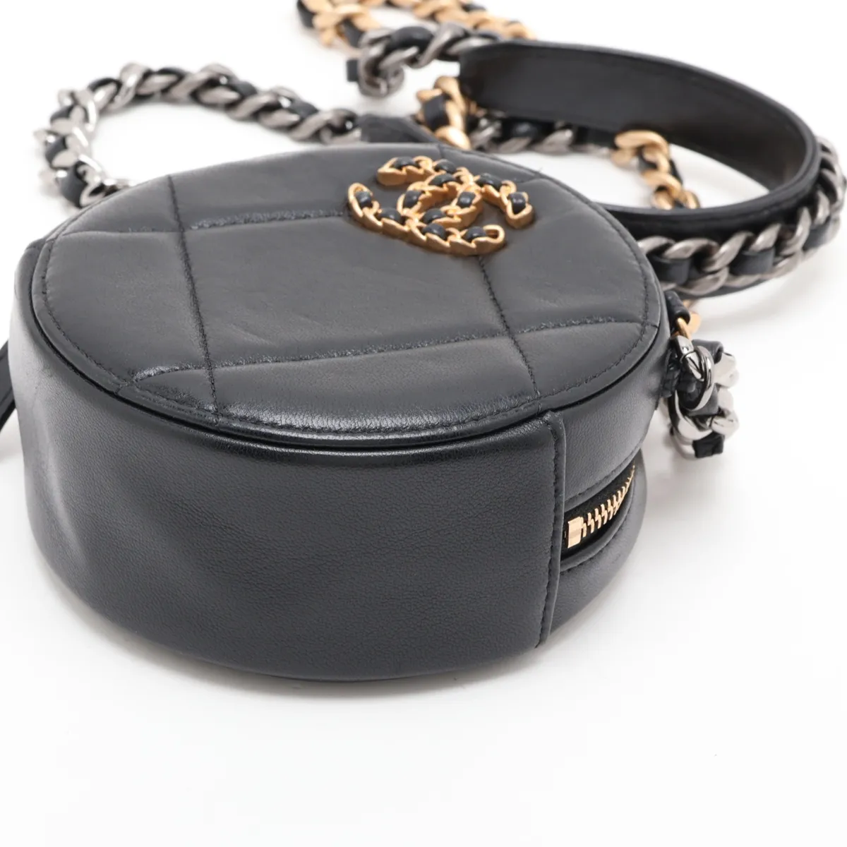 Matelassé Lambskin Chain Shoulder Bag, Round, Black with Gold and Silver Hardware, 31112646, Serial Number 31 — view 3