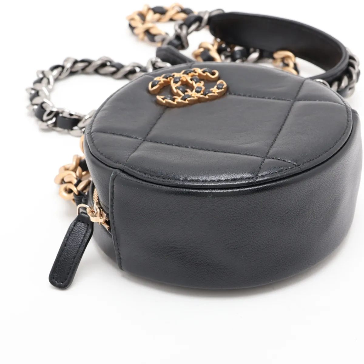 Matelassé Lambskin Chain Shoulder Bag, Round, Black with Gold and Silver Hardware, 31112646, Serial Number 31 — view 4