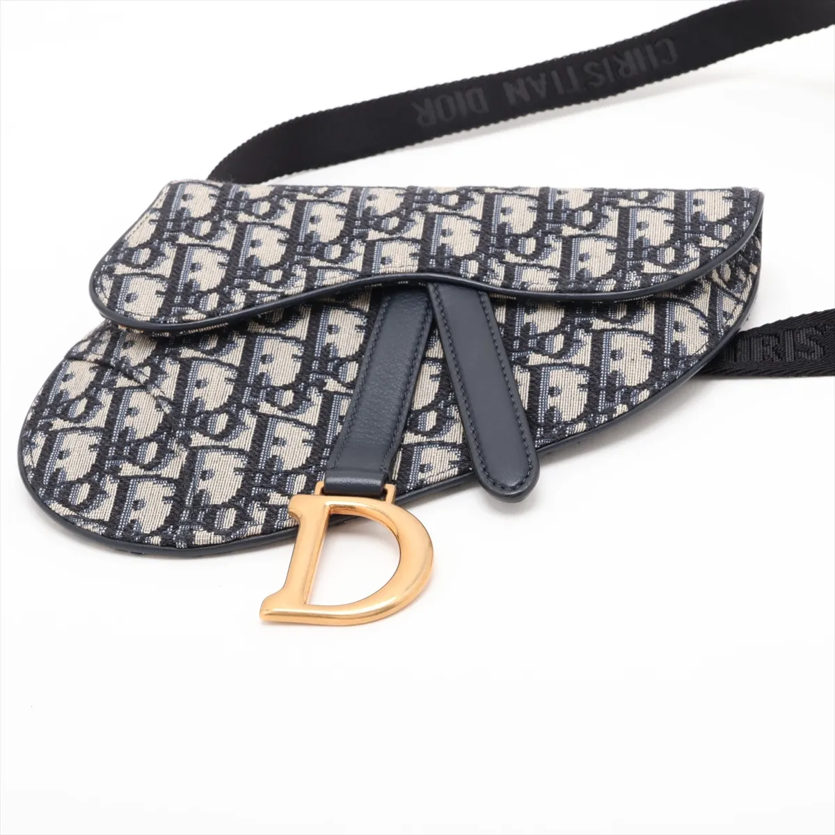 Oblique Saddle Canvas x Leather Body Bag, Navy — view 3