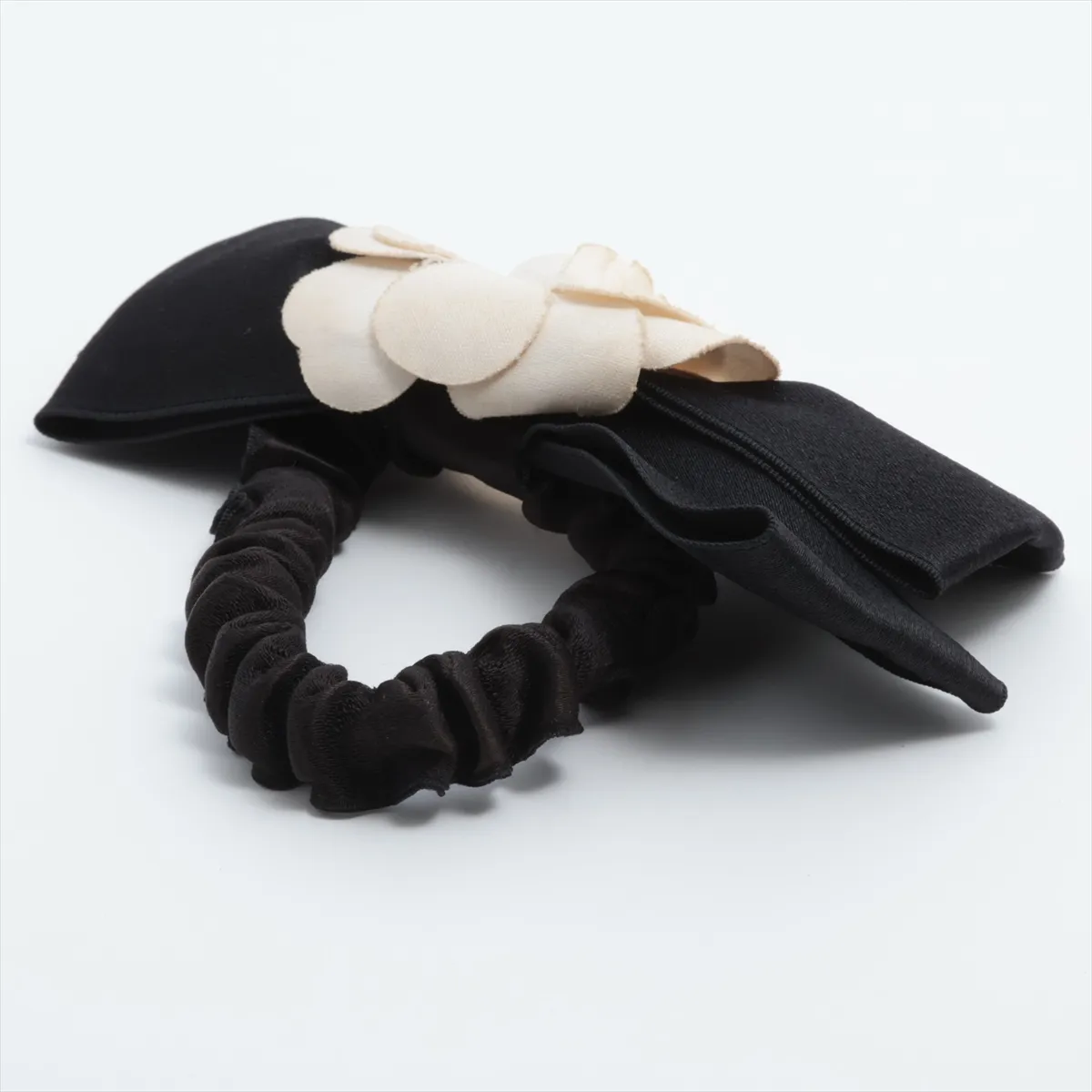 Camellia Hair Tie, Fabric, Black. Shows signs of wear, including — view 2
