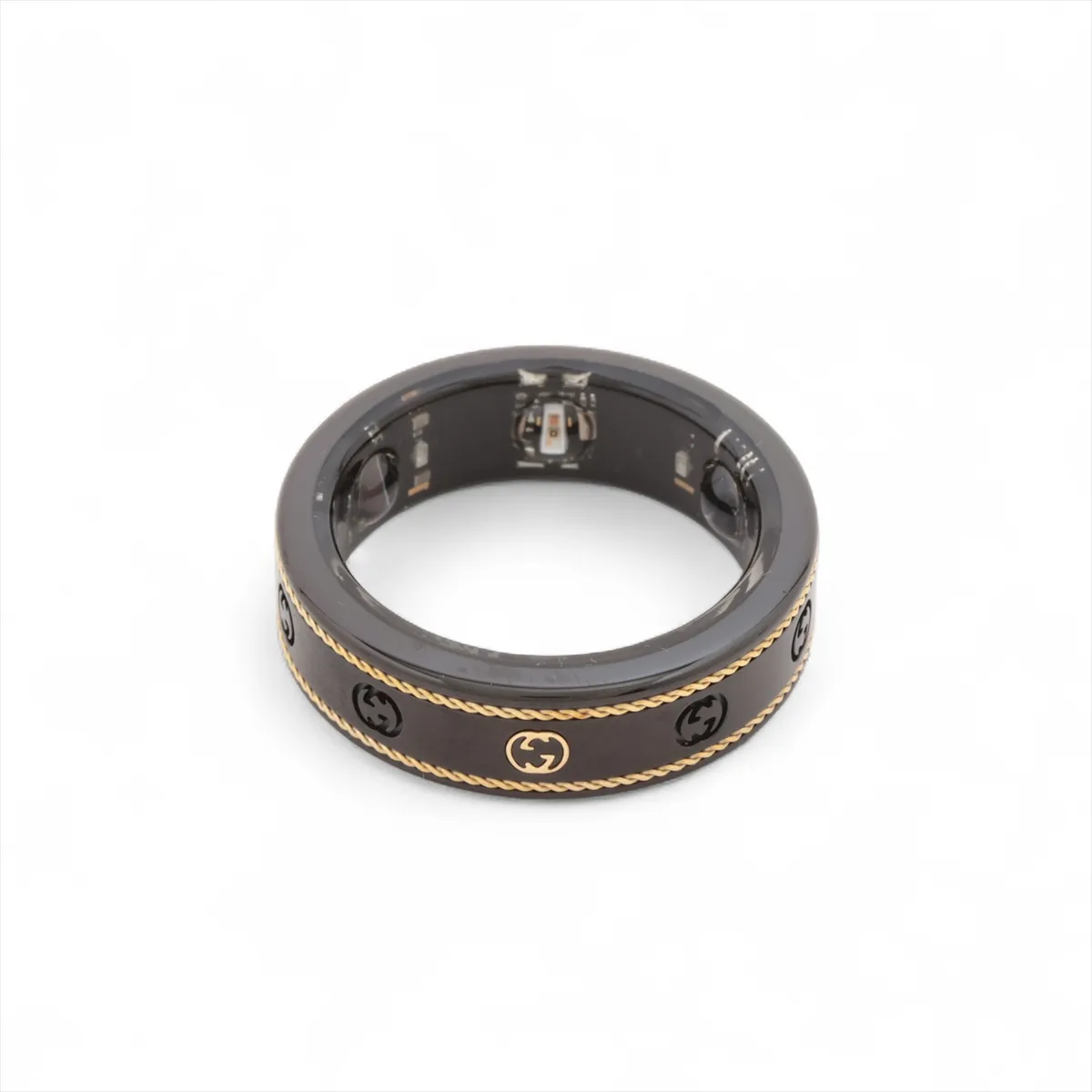 x Aura Interlocking G Ring, Size 12, Titanium, Black x Gold,