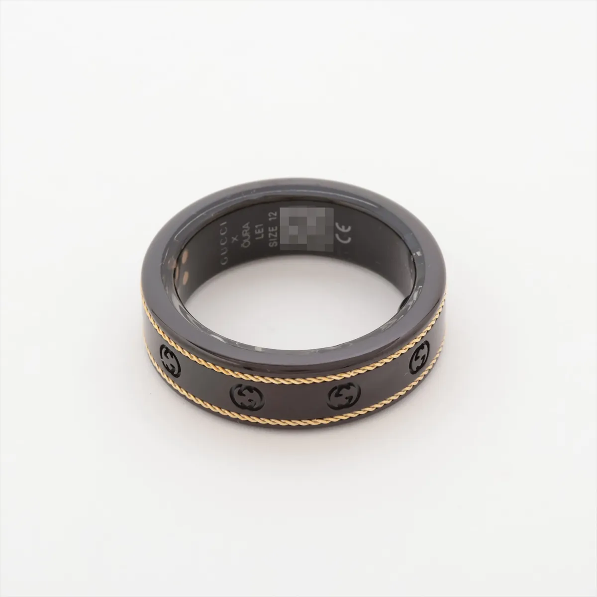 x Aura Interlocking G Ring, Size 12, Titanium, Black x Gold, — view 2