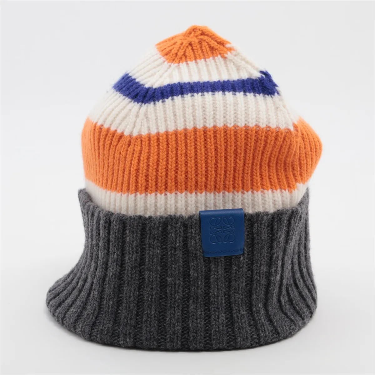Anagram knit cap, wool, gray x orange, some wear and pilling.