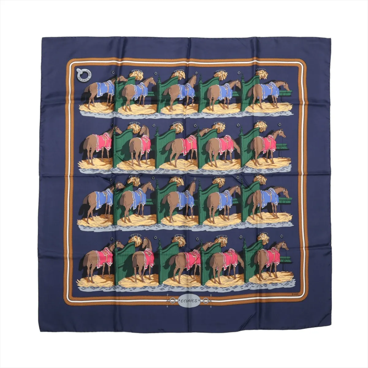 Carre 90 ECURIES Stable Scarf, Silk, Navy, with some wear, snags, and