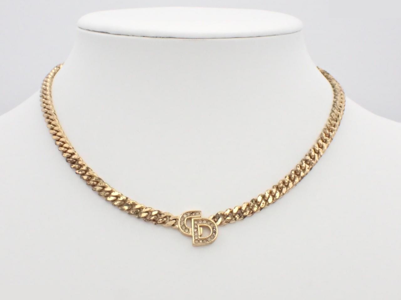 Necklace, CD design, rhinestones, curb chain, gold plated, total length approximately 40cm — view 3