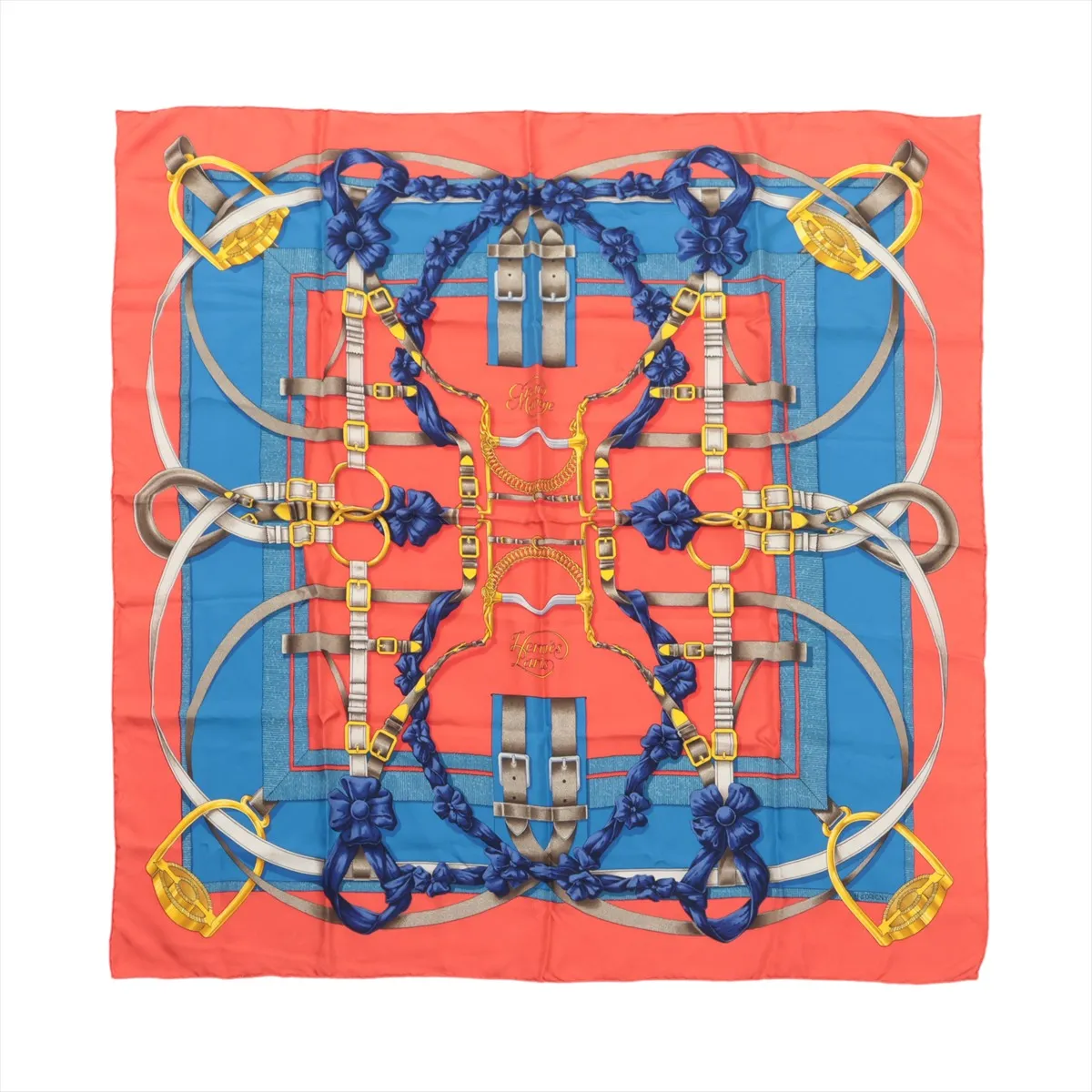 Carre 90 GRAND MANEGE (Grand Taming Technique) Scarf, Silk, Red x Blue. Shows wear,