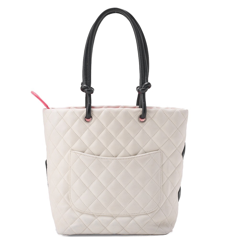 Calf leather Cambon line tote bag, white x black, silver hardware, serial number 10s. — view 2
