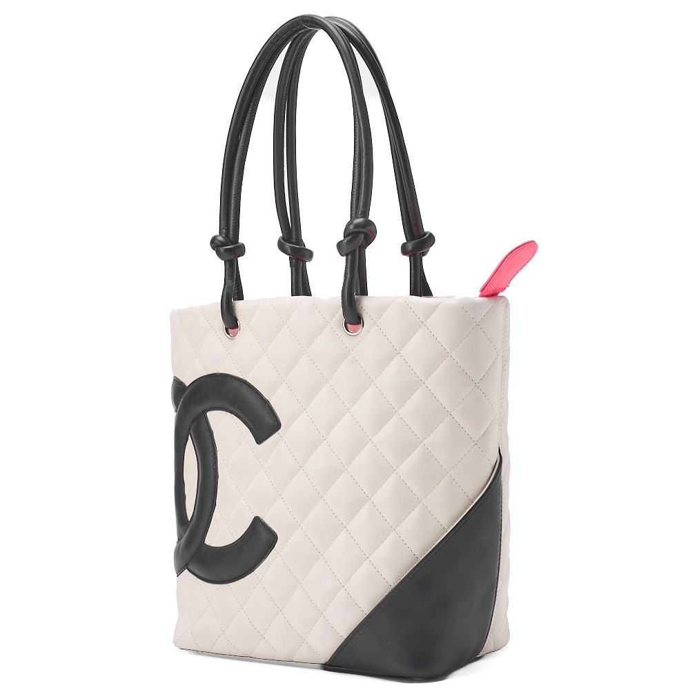 Calf leather Cambon line tote bag, white x black, silver hardware, serial number 10s. — view 3