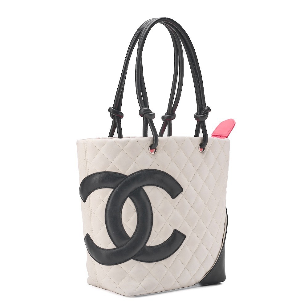 Calf leather Cambon line tote bag, white x black, silver hardware, serial number 10s. — view 4