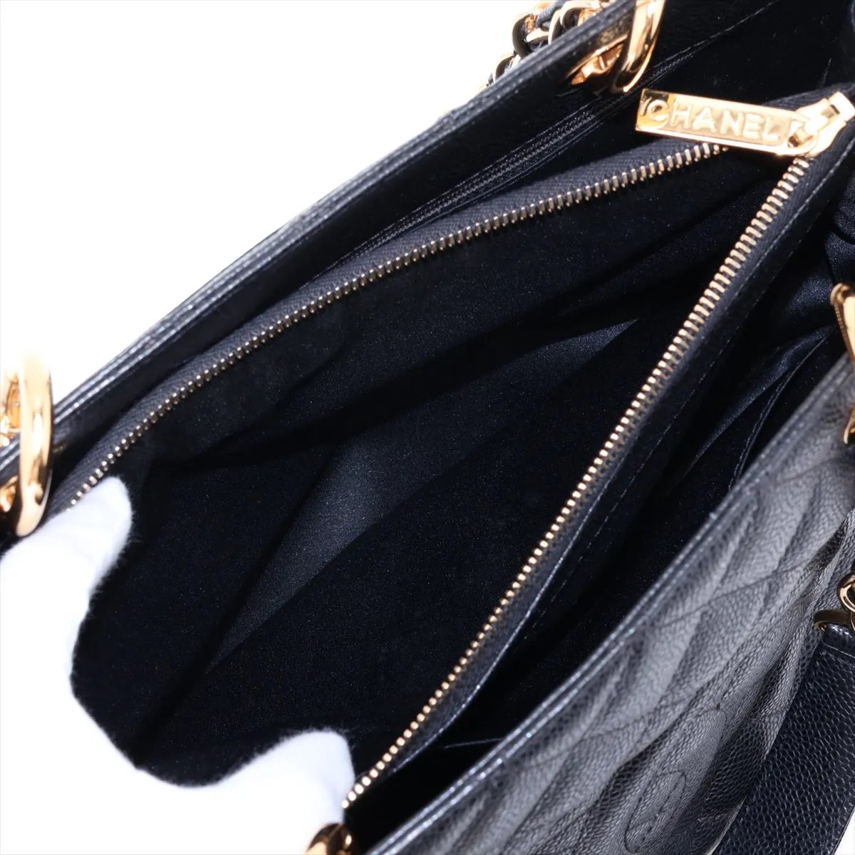 GST Caviar Skin Chain Tote Bag, Black with Gold Hardware, 19970392, Serial Number 19 — view 8