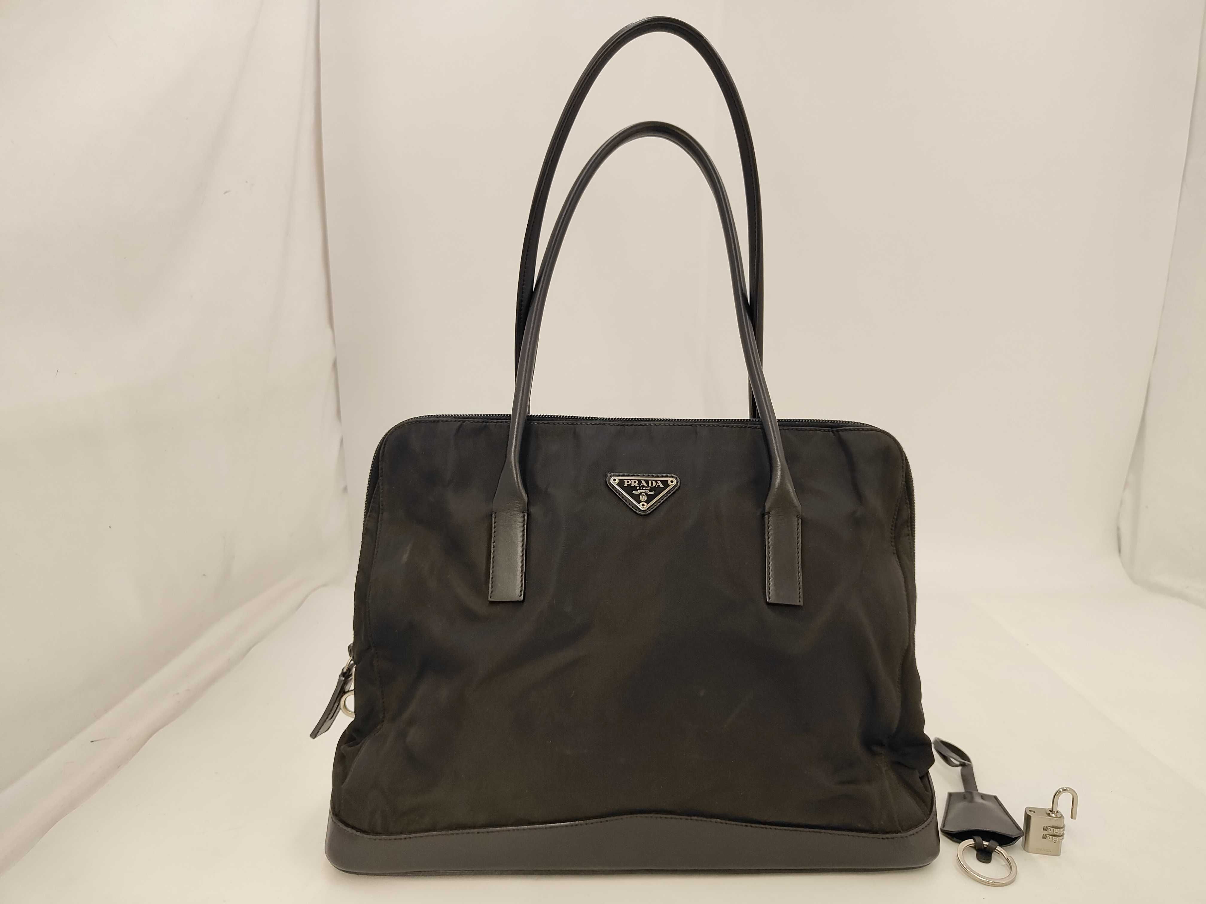 Nylon and Leather Shoulder Tote Handbag with Dial Lock and Key Ring