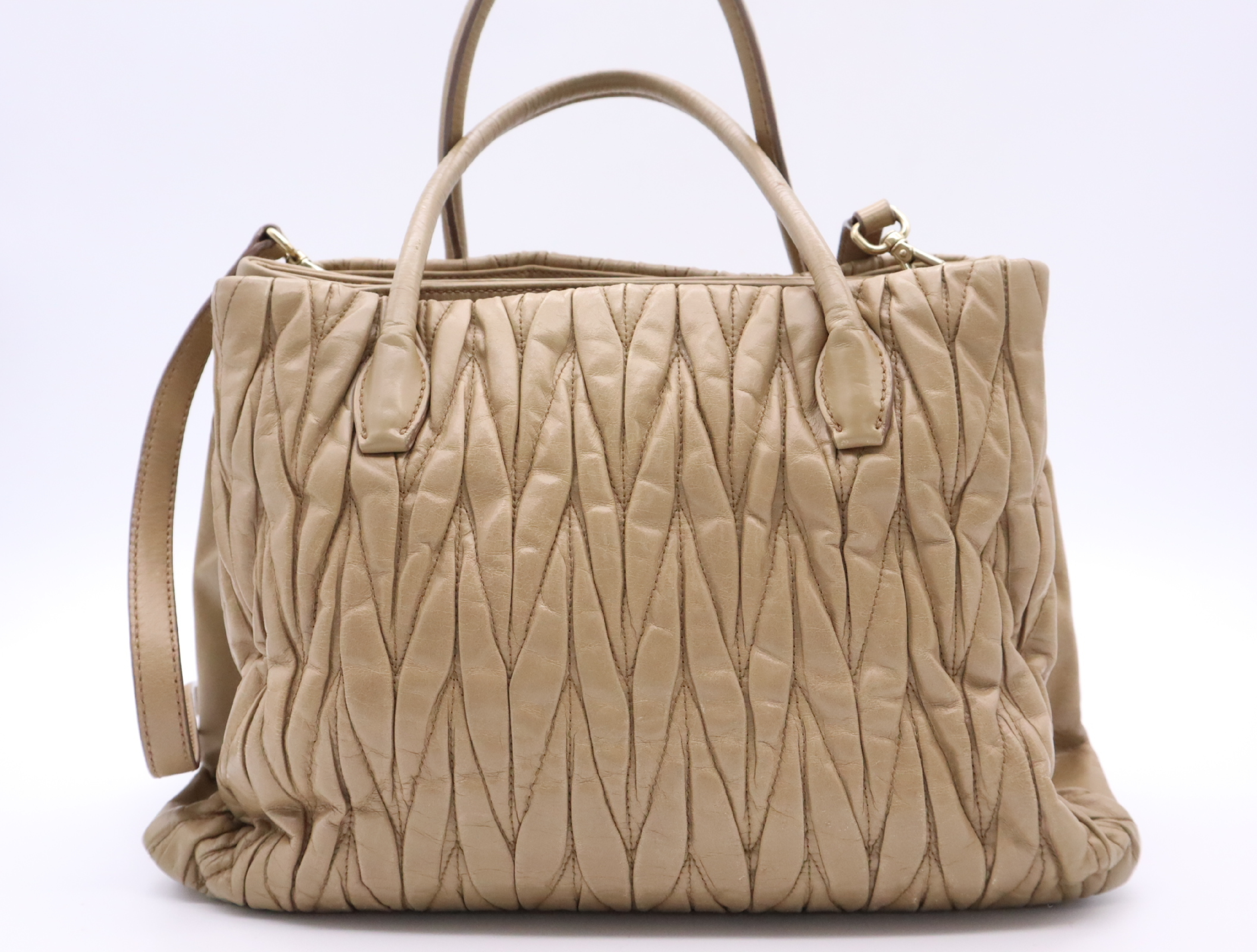 Leather Matelassé 2-Way Handbag in Beige with Gold Hardware and Shoulder Strap — view 2