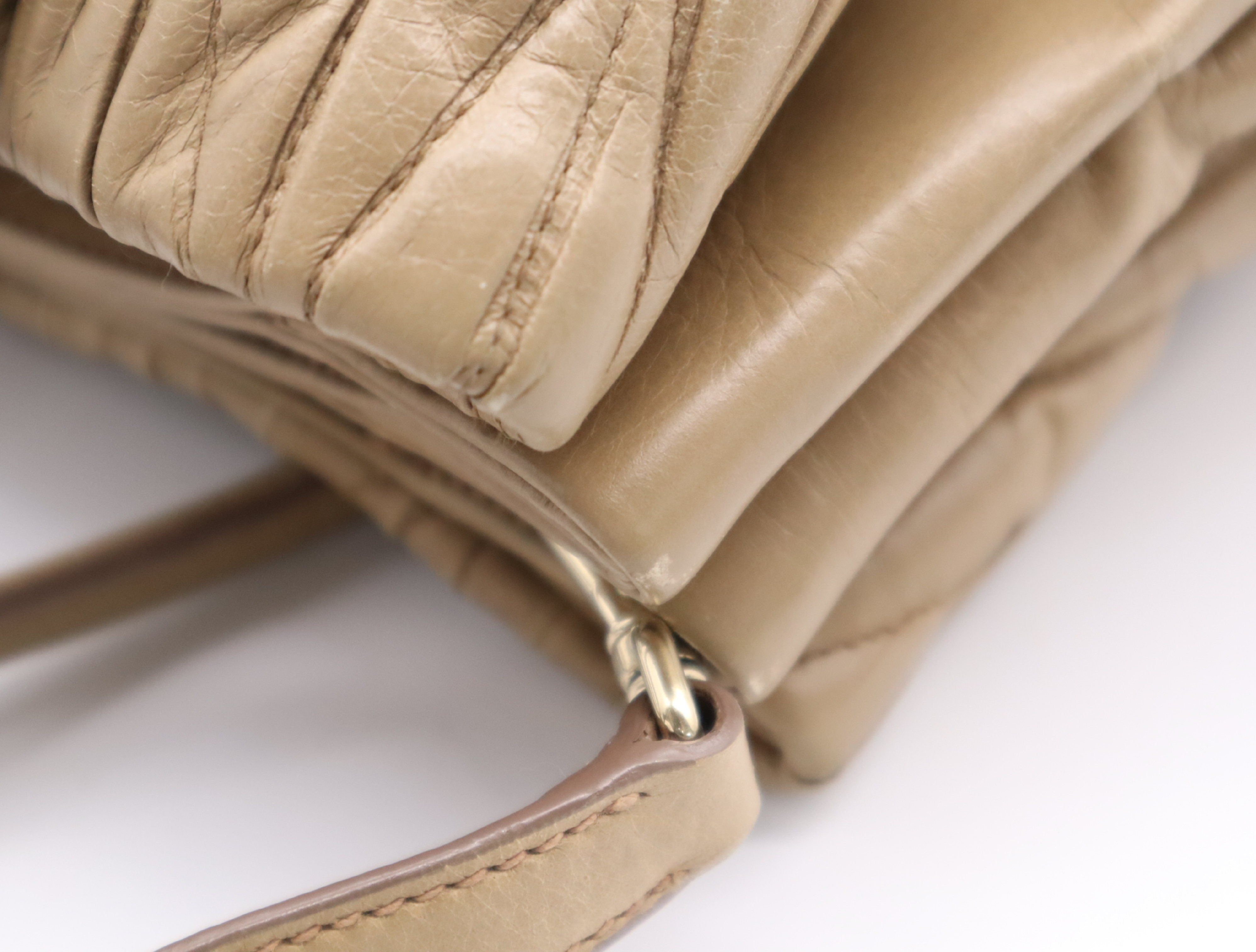 Leather Matelassé 2-Way Handbag in Beige with Gold Hardware and Shoulder Strap — view 11
