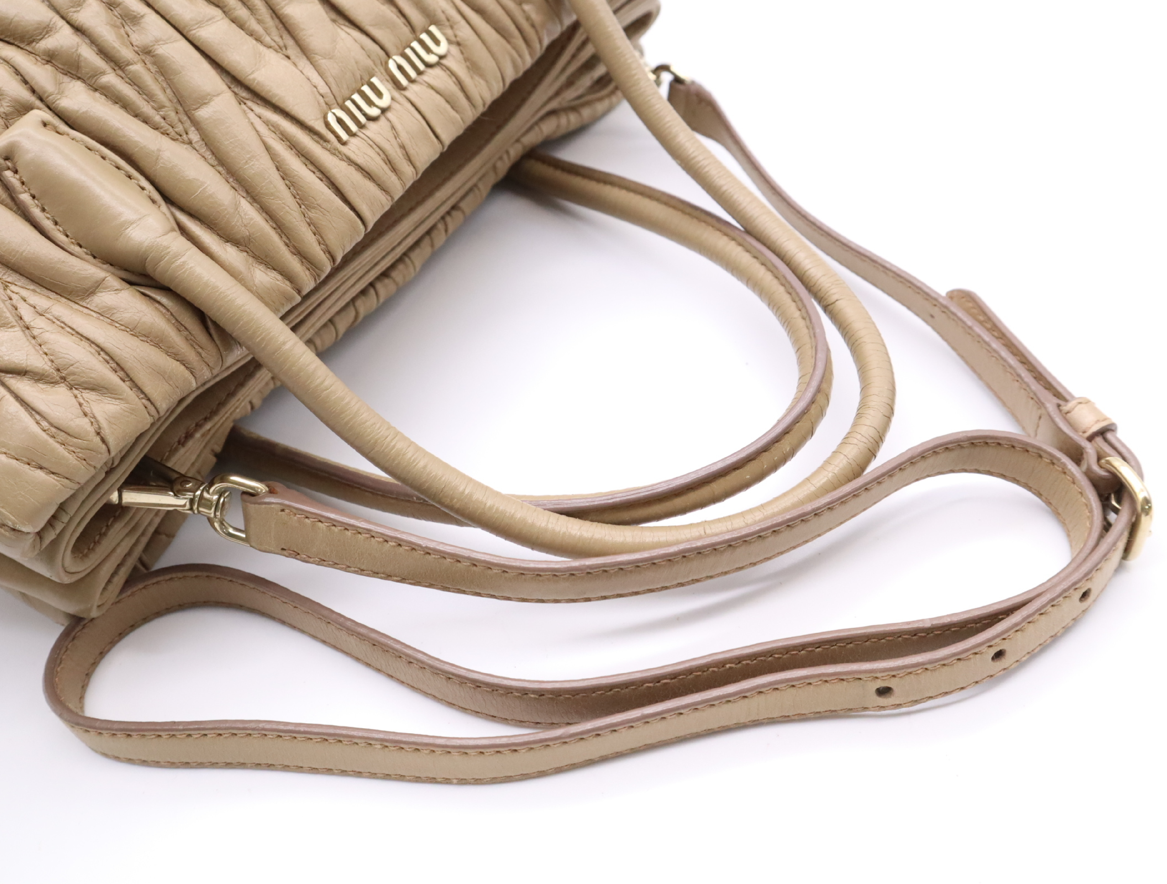 Leather Matelassé 2-Way Handbag in Beige with Gold Hardware and Shoulder Strap — view 12