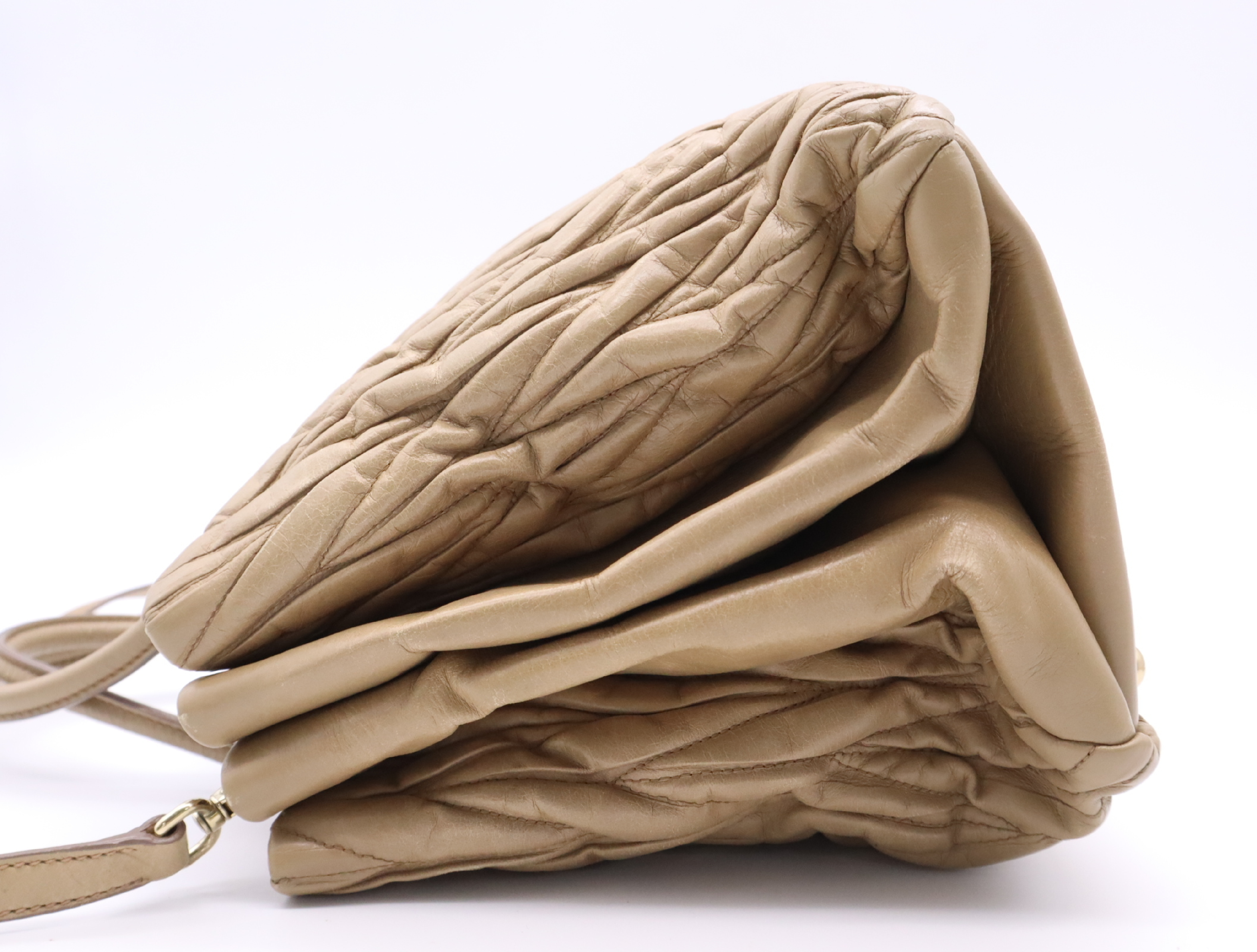 Leather Matelassé 2-Way Handbag in Beige with Gold Hardware and Shoulder Strap — view 3