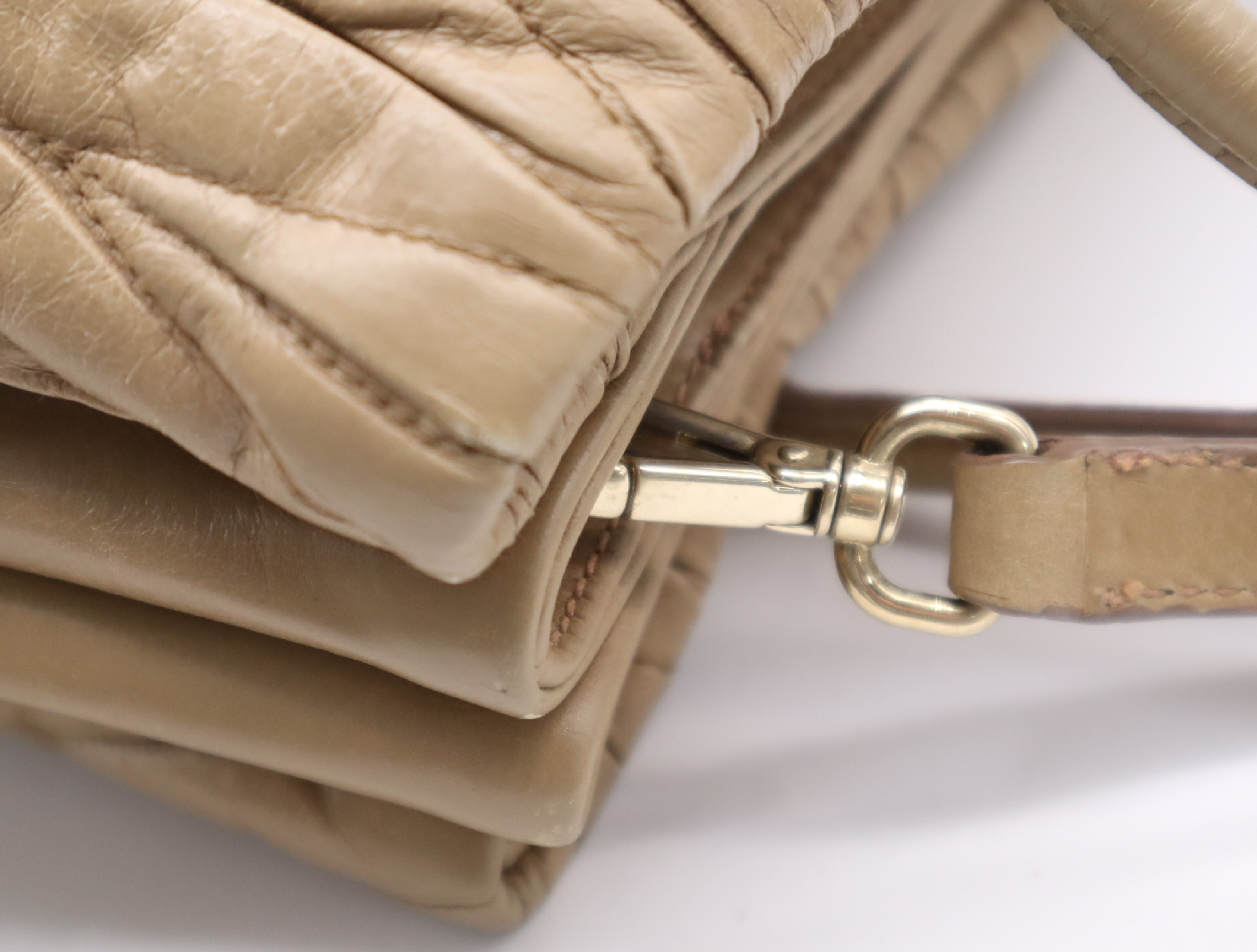 Leather Matelassé 2-Way Handbag in Beige with Gold Hardware and Shoulder Strap — view 8