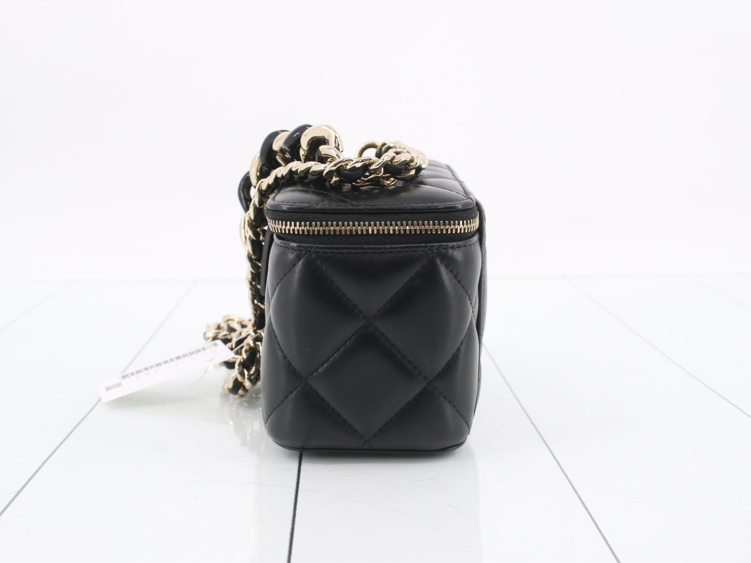 Black lambskin, gold hardware, large chain shoulder vanity case — view 3