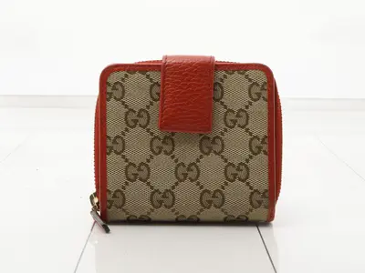 GG Canvas Round Zipper Wallet, Beige/Red, Canvas/Leather