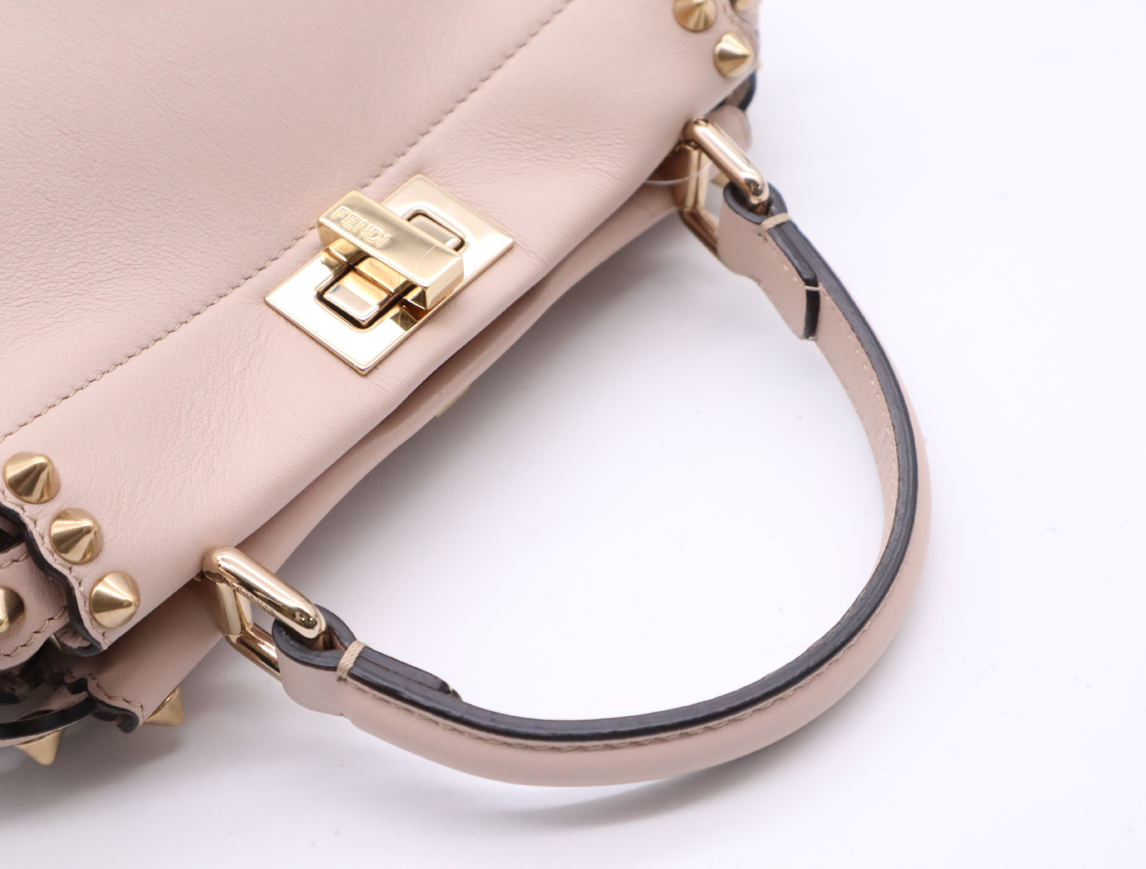 8BN244 Leather Mini Peekaboo Pink Handbag with Gold Hardware, Shoulder Strap, and Dust Bag — view 10