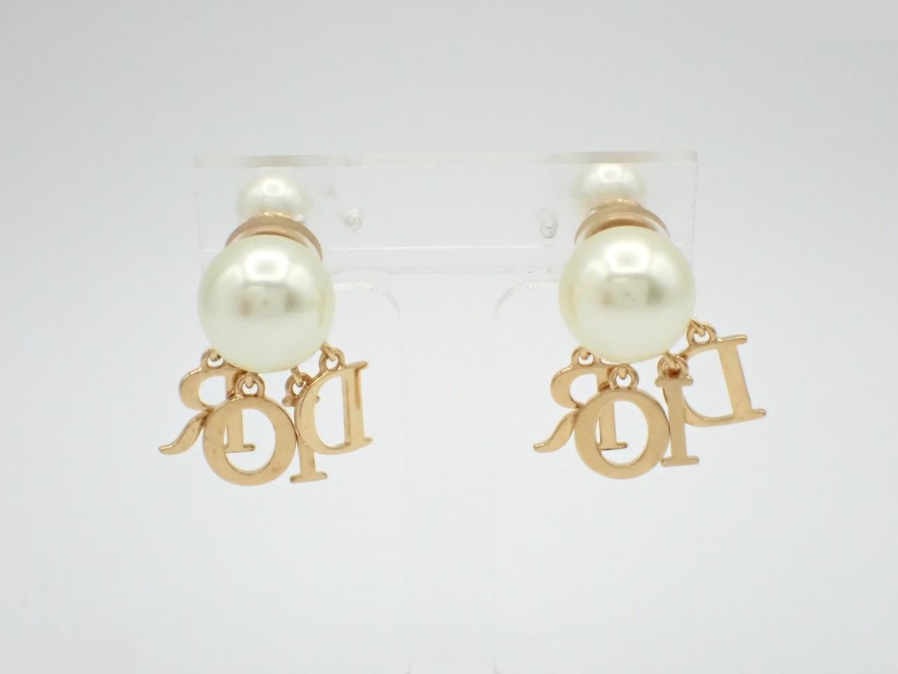 Tribal Logo Rhinestone Pearl Earrings (Gold) — view 2