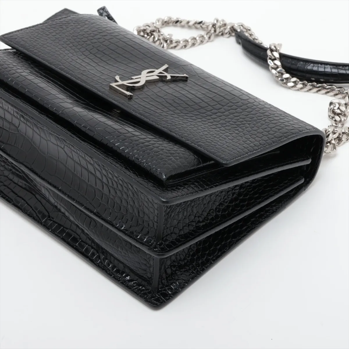 Medium Sunset 498779 Crocodile Embossed Chain Shoulder Bag, Black — view 3