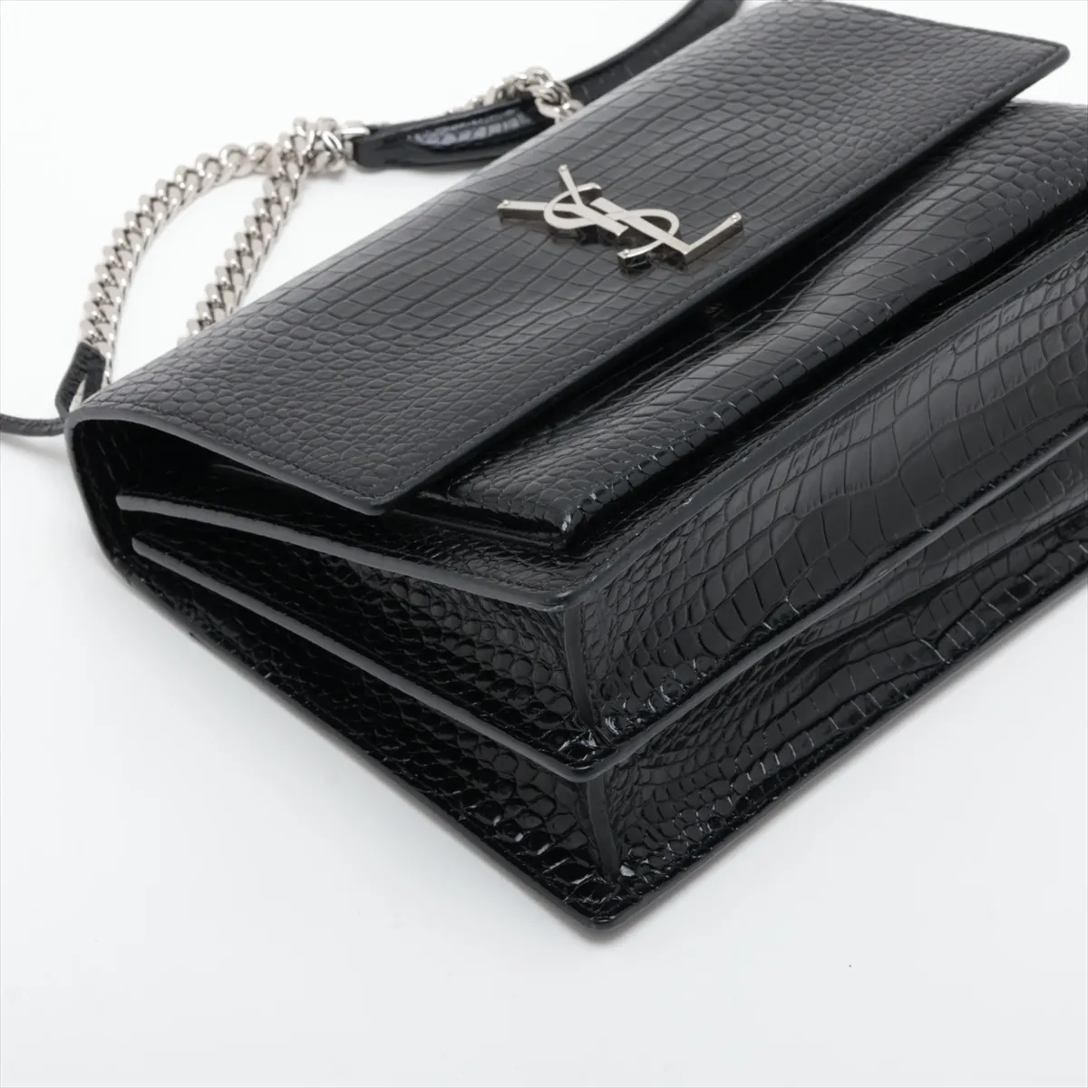 Medium Sunset 498779 Crocodile Embossed Chain Shoulder Bag, Black — view 4