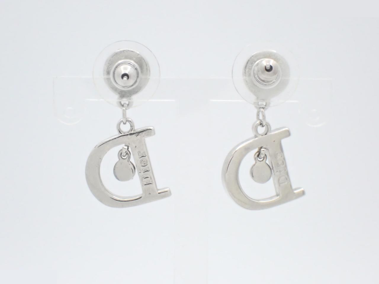 D logo rhinestone earrings, silver color — view 2