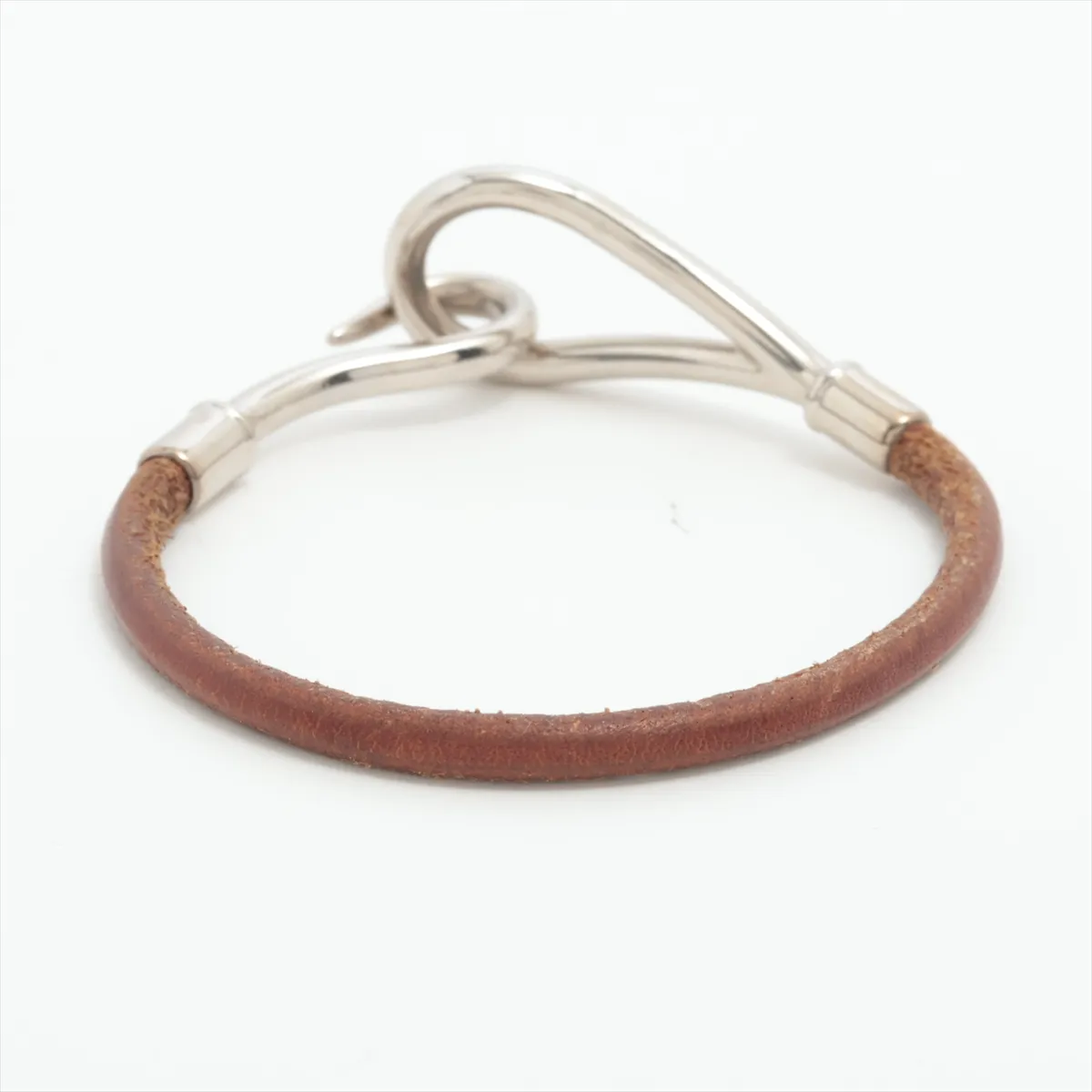 Jumbo Bracelet, Metal x Leather, Silver x Brown. Shows signs of wear, — view 2