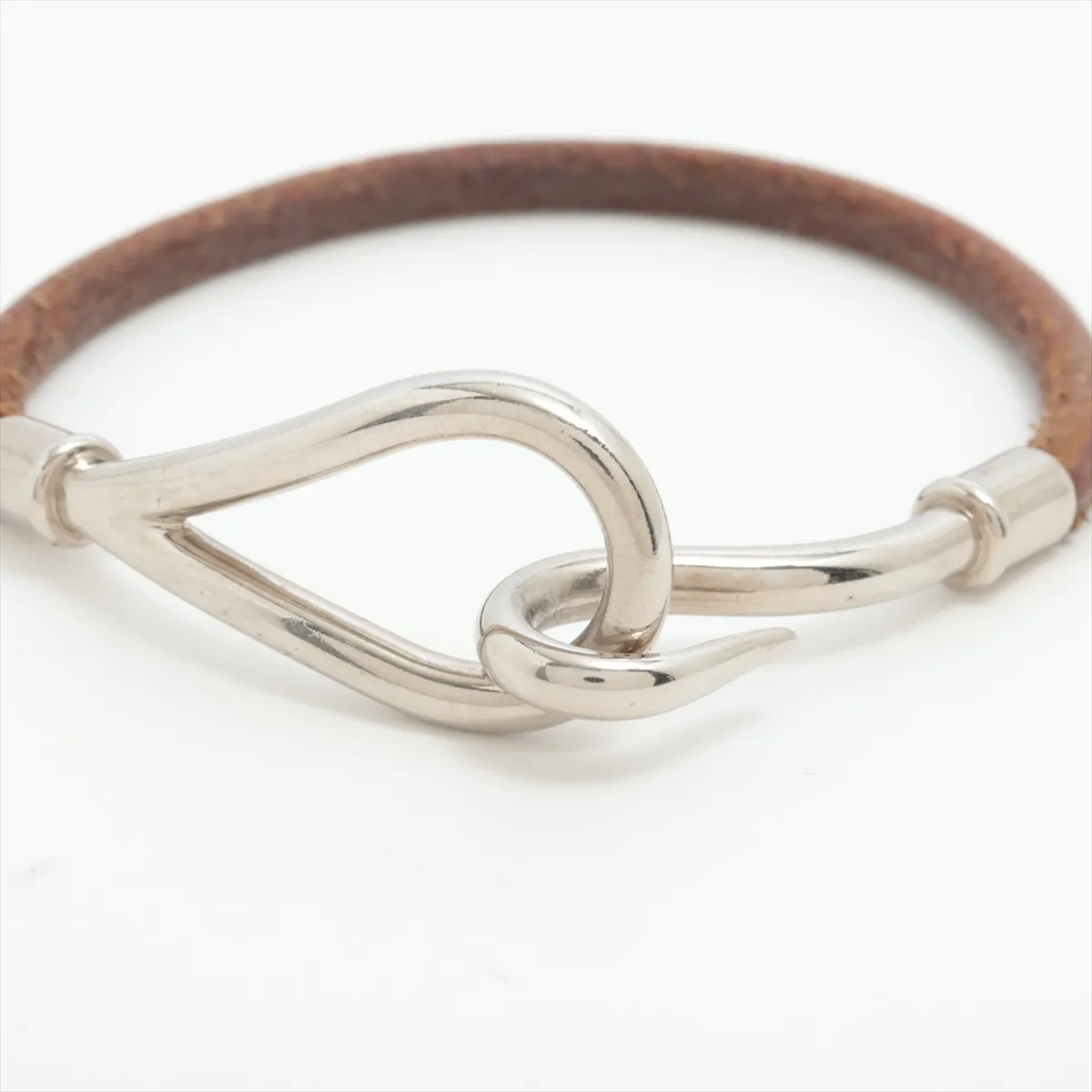 Jumbo Bracelet, Metal x Leather, Silver x Brown. Shows signs of wear, — view 3