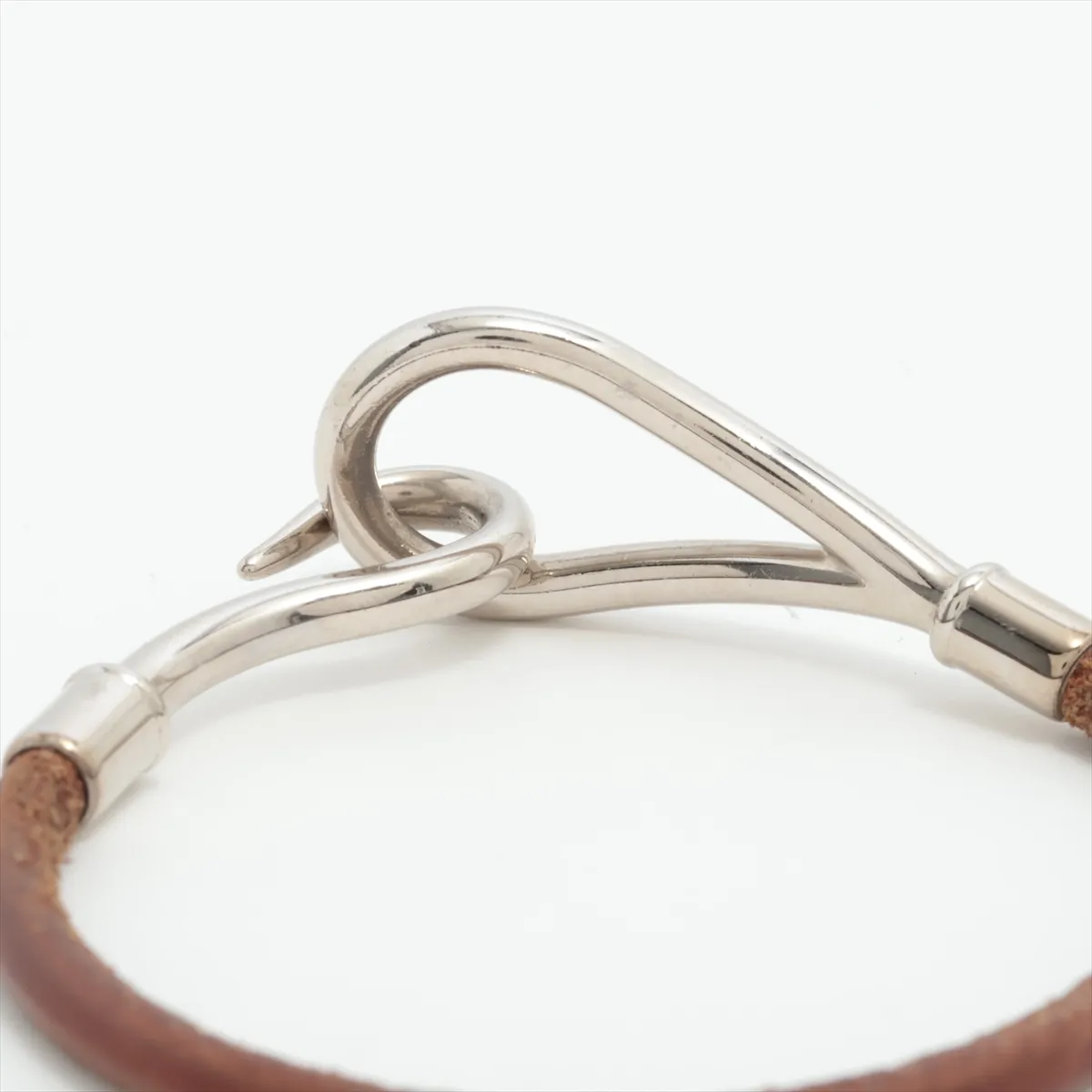 Jumbo Bracelet, Metal x Leather, Silver x Brown. Shows signs of wear, — view 4