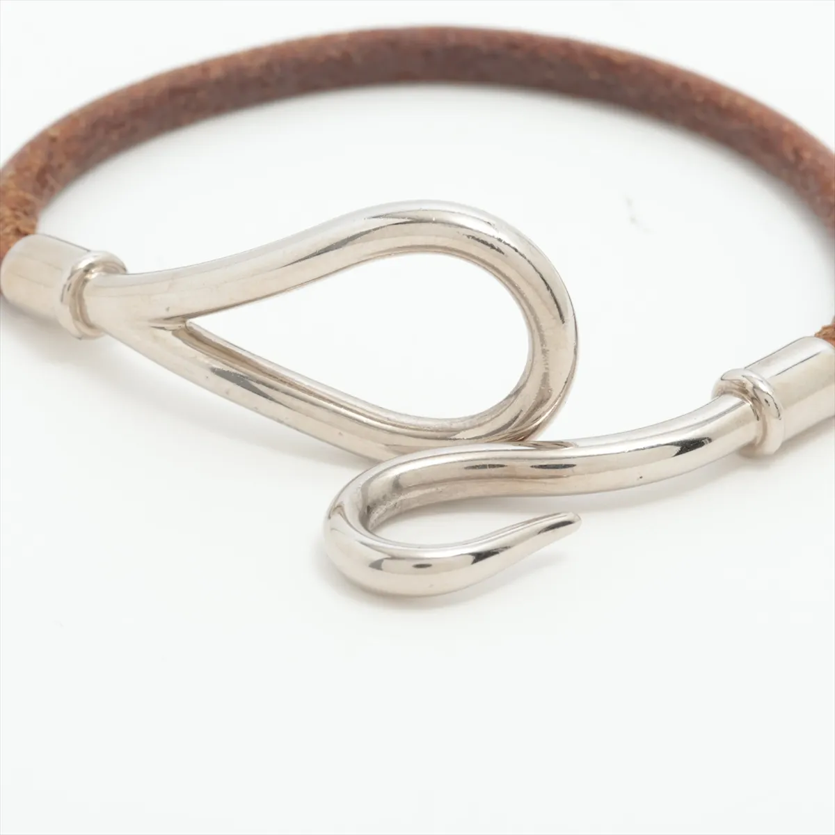 Jumbo Bracelet, Metal x Leather, Silver x Brown. Shows signs of wear, — view 5
