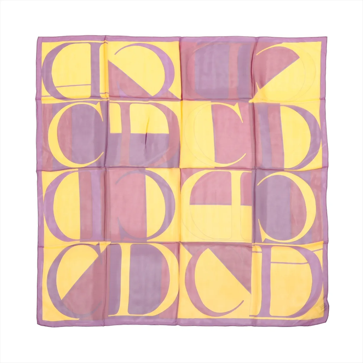 CD logo scarf, silk, purple x yellow, smelly, snagged, wrinkled.